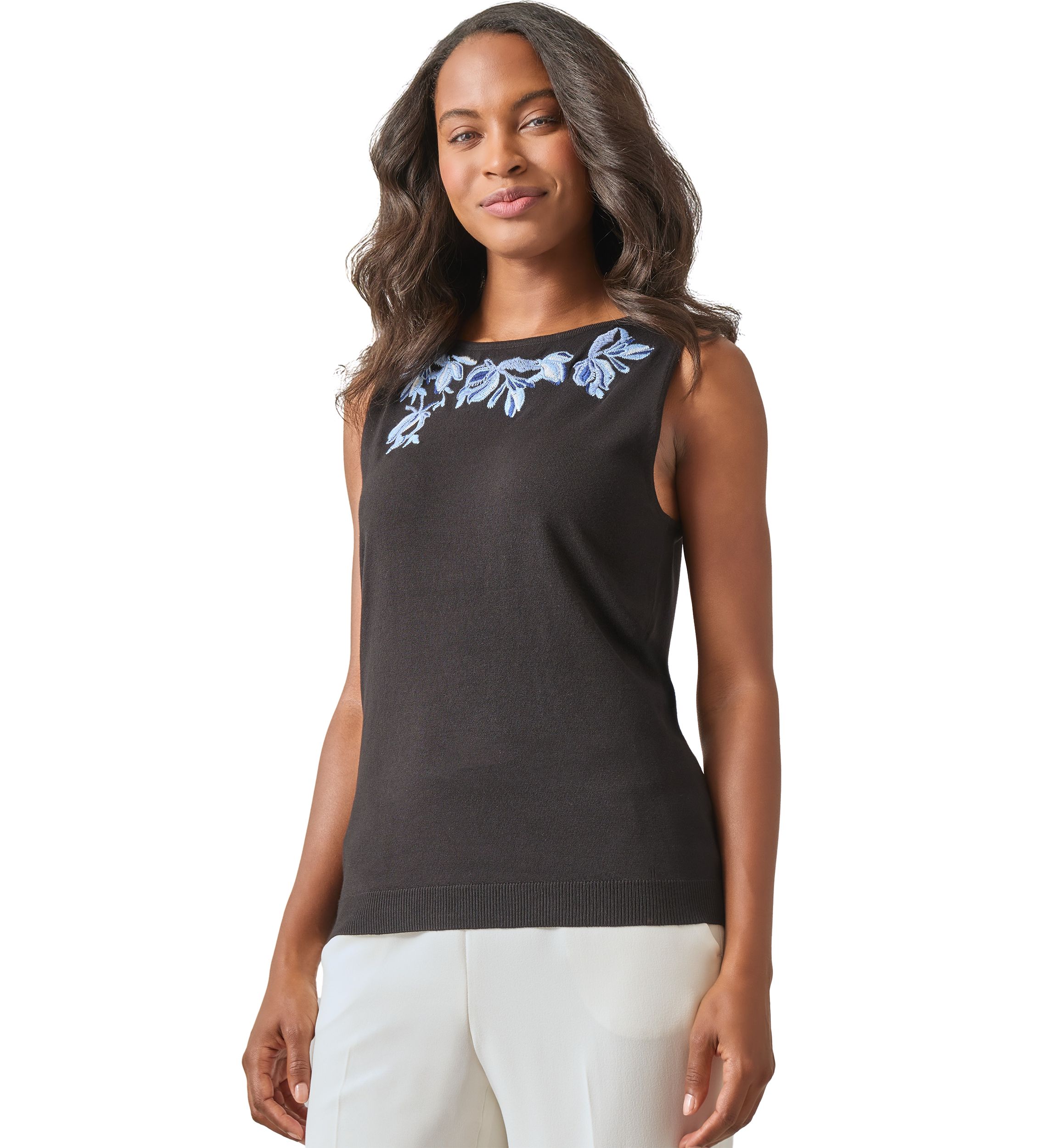 Womens Sleeveless Boat Neck Embroidered Blouse