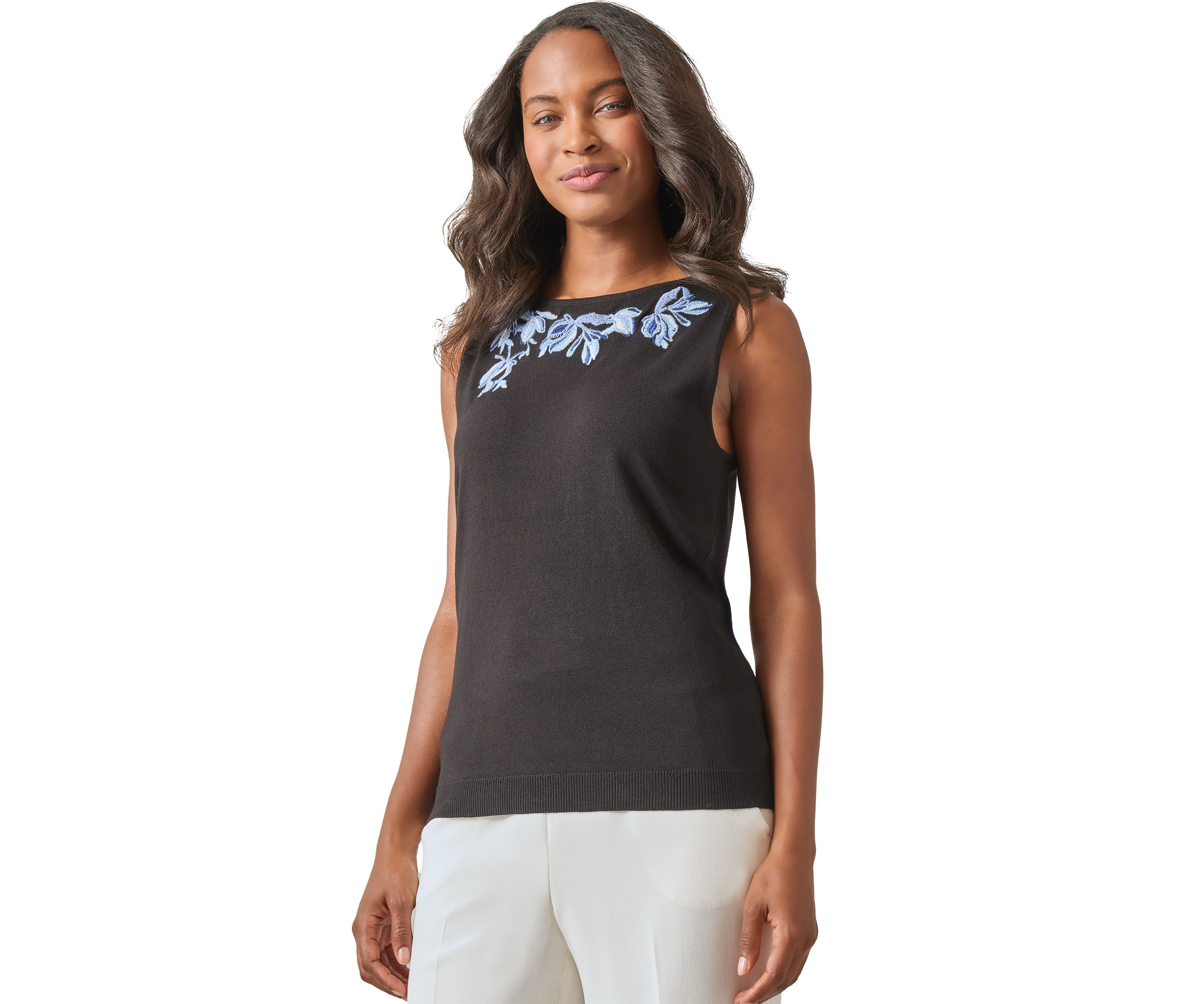 Womens Sleeveless Boat Neck Embroidered Blouse