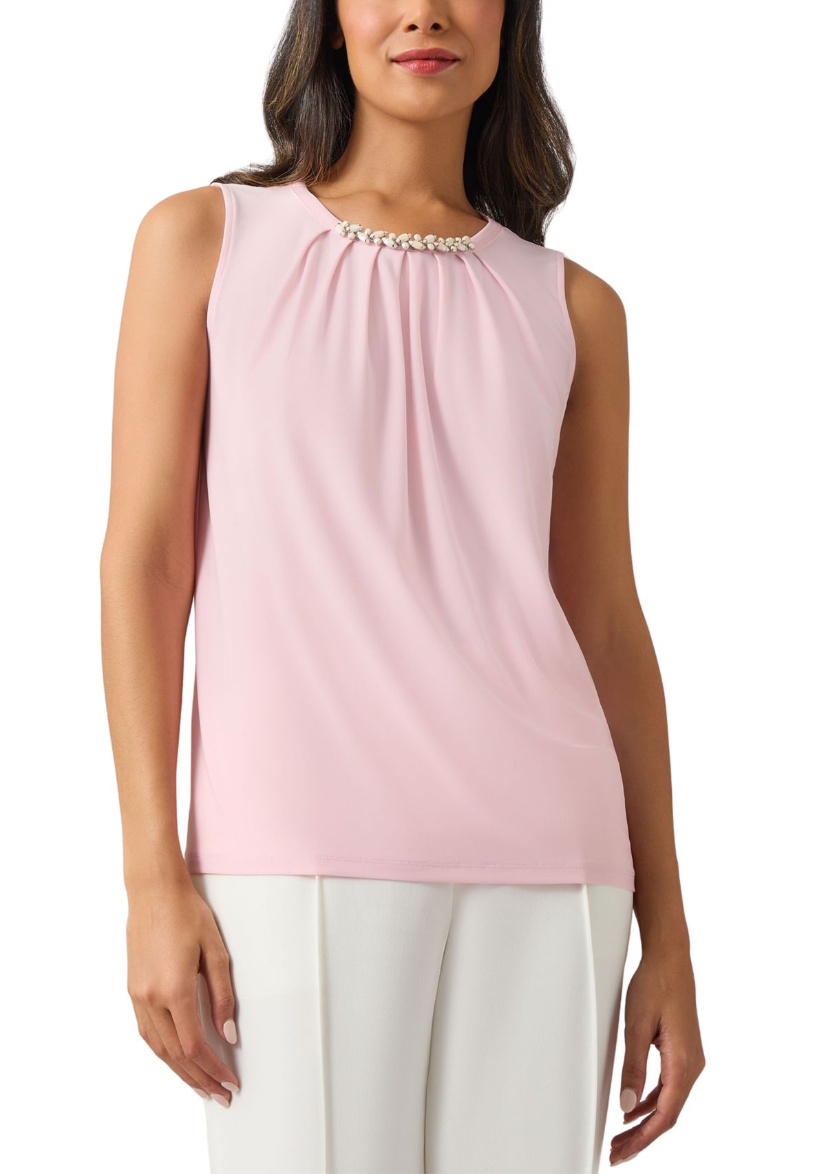 Womens Sleeveless Jeweled Pleat Neck Top