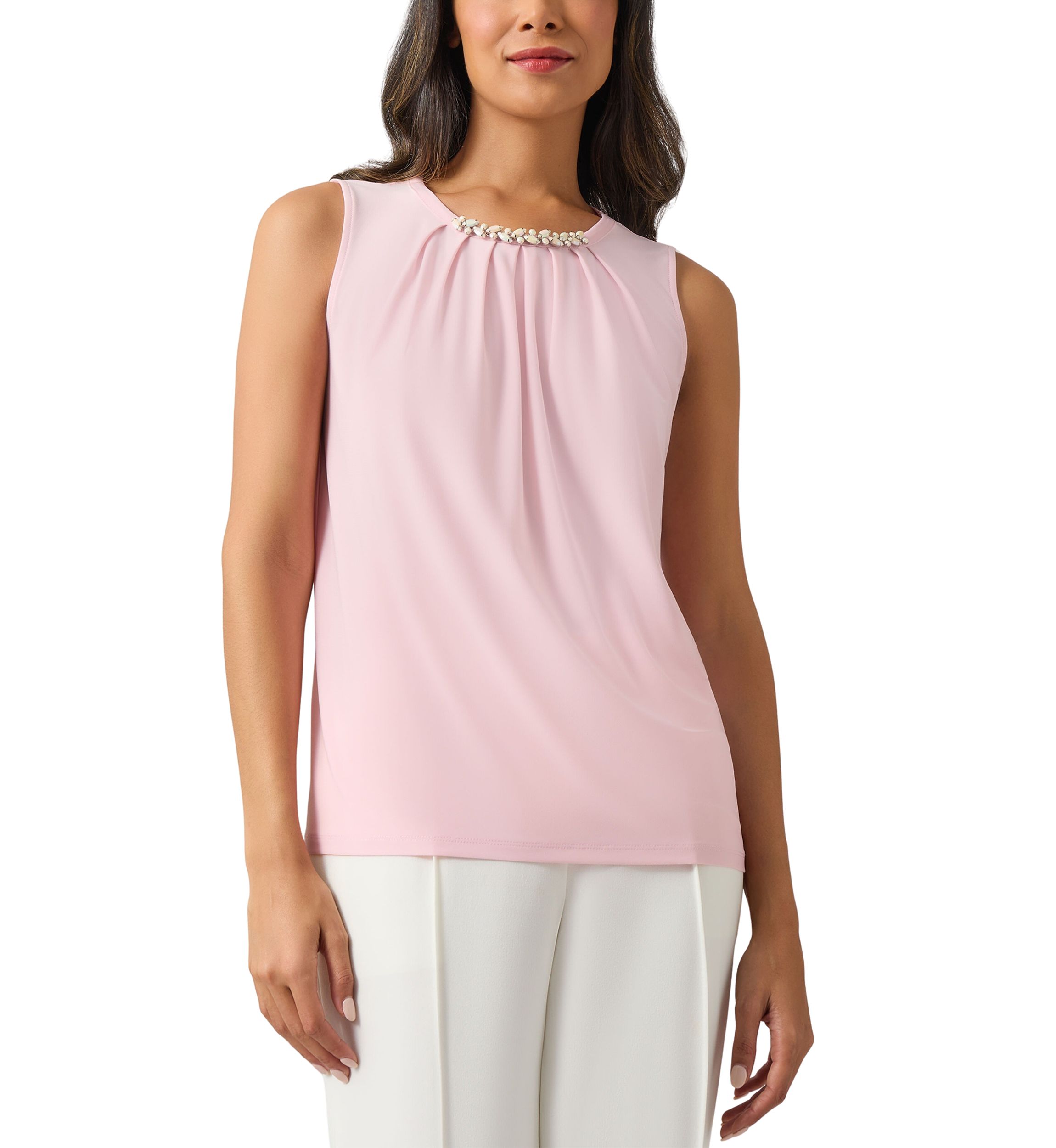 Womens Sleeveless Jeweled Pleat Neck Top