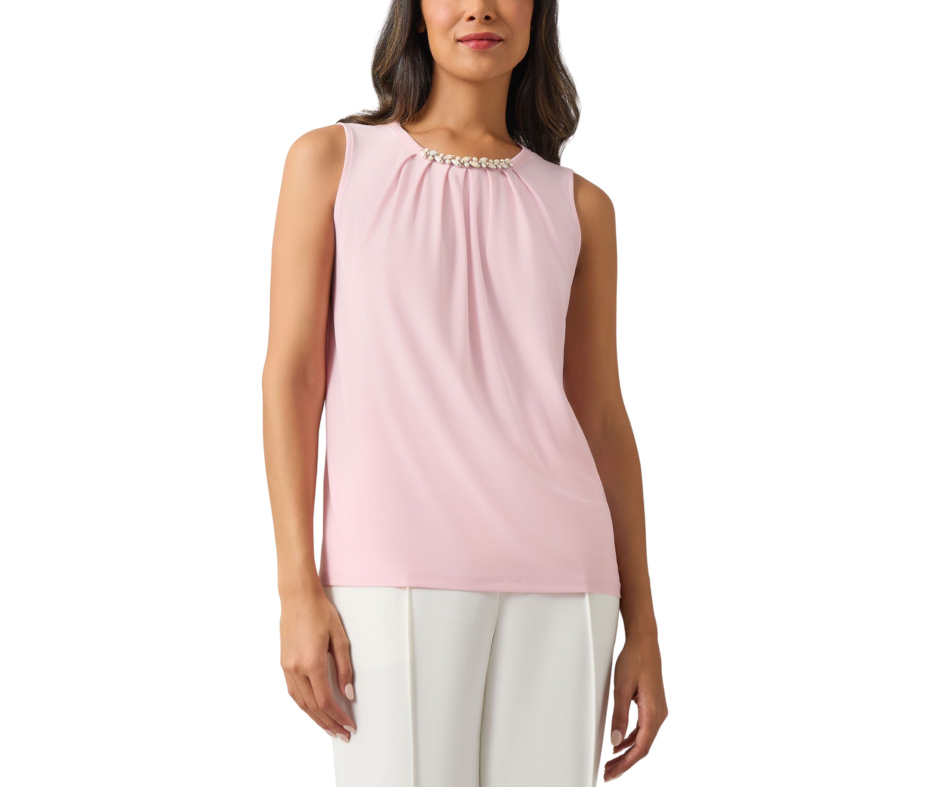 Womens Sleeveless Jeweled Pleat Neck Top