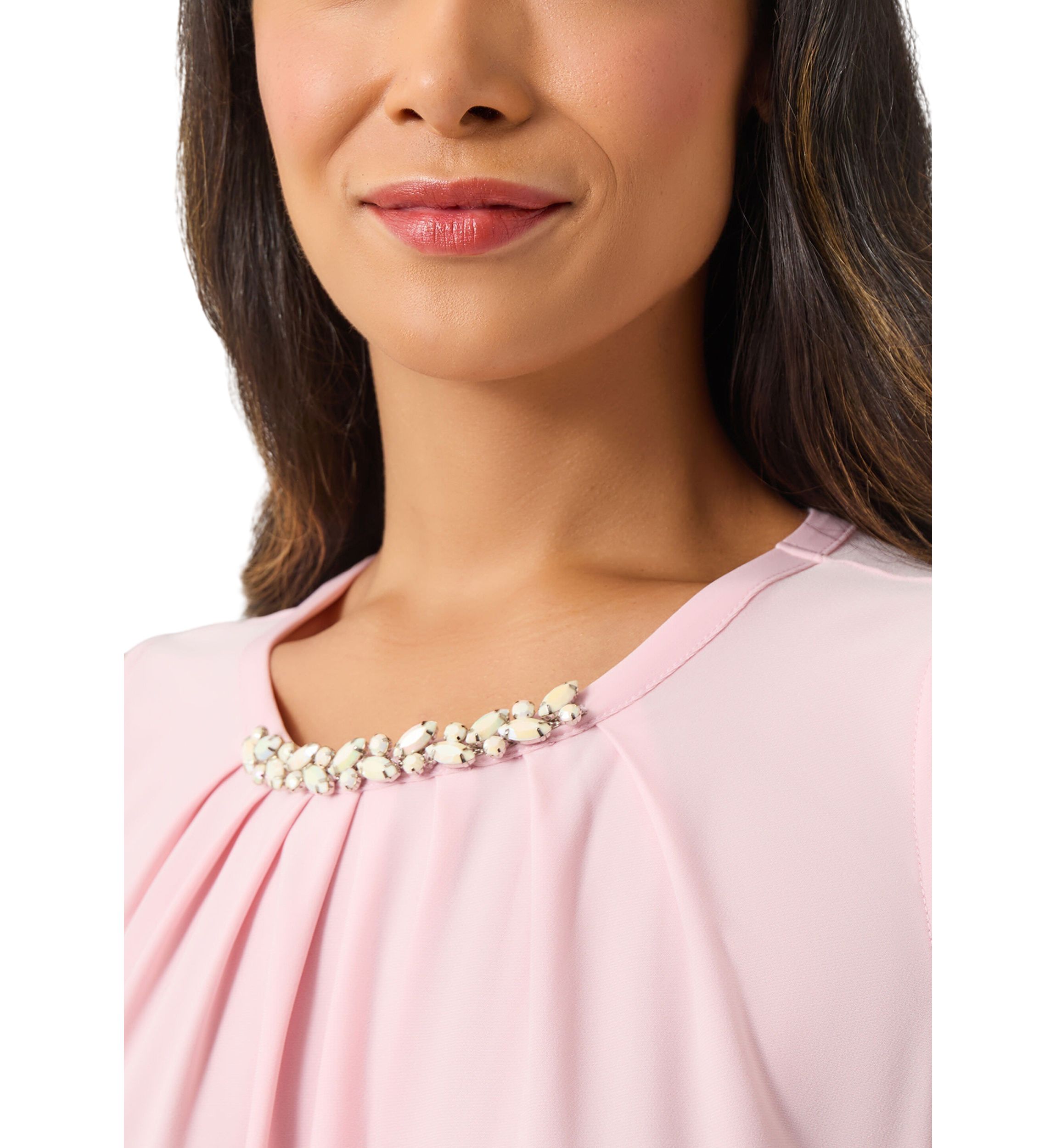 Womens Sleeveless Jeweled Pleat Neck Top