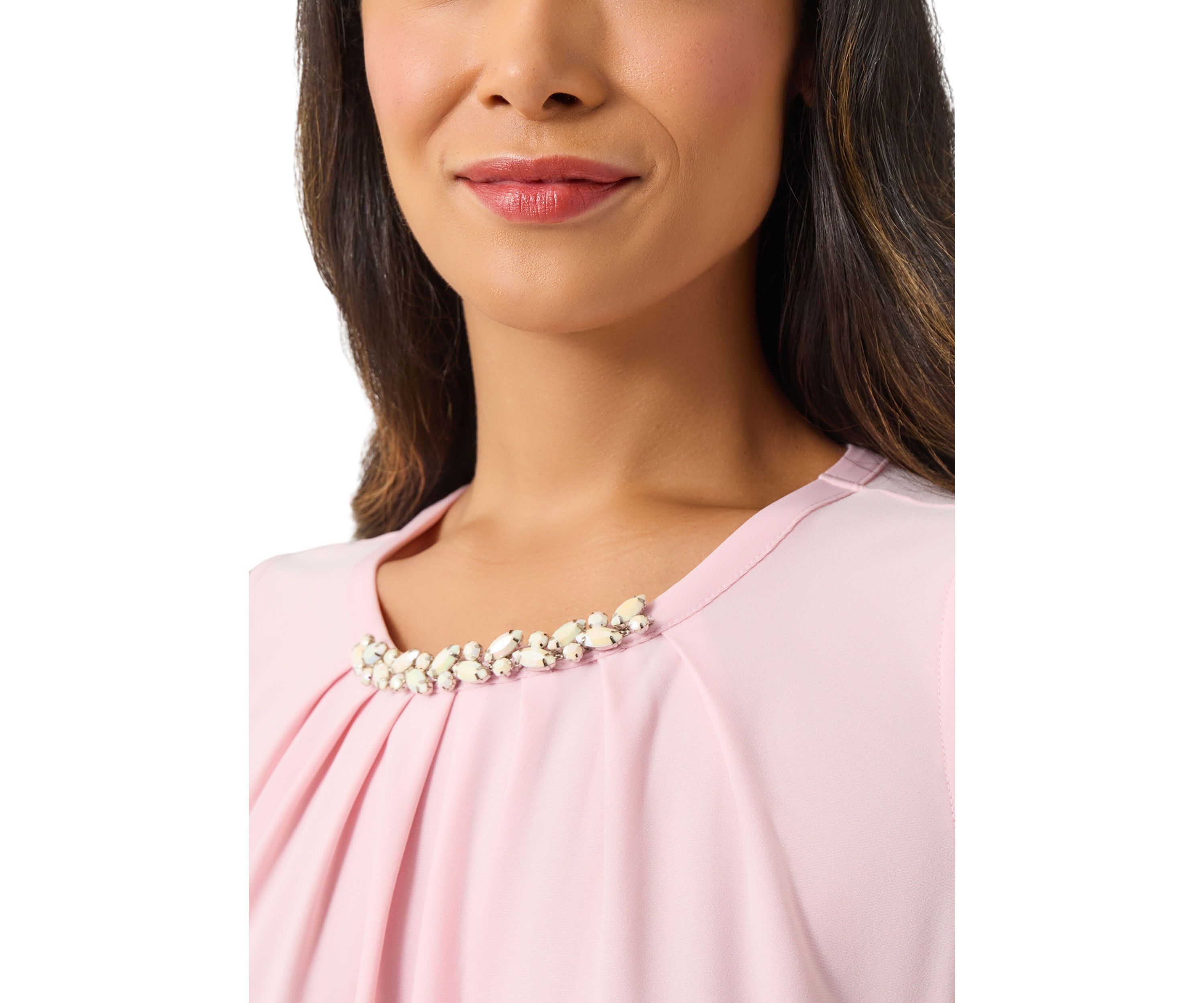 Womens Sleeveless Jeweled Pleat Neck Top