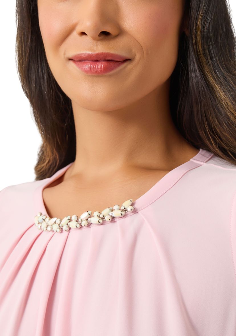Womens Sleeveless Jeweled Pleat Neck Top