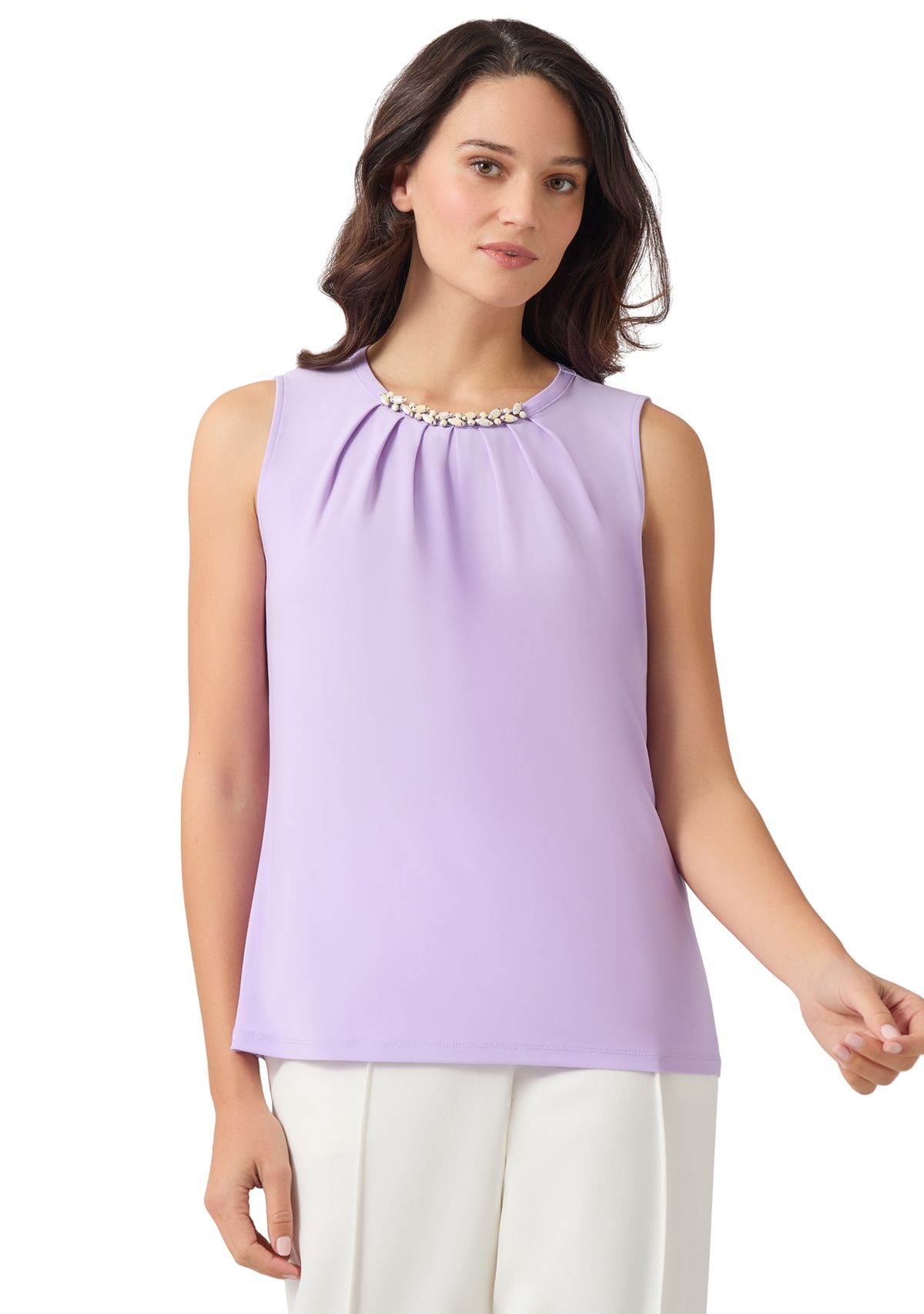 Womens Sleeveless Jeweled Pleat Neck Top 