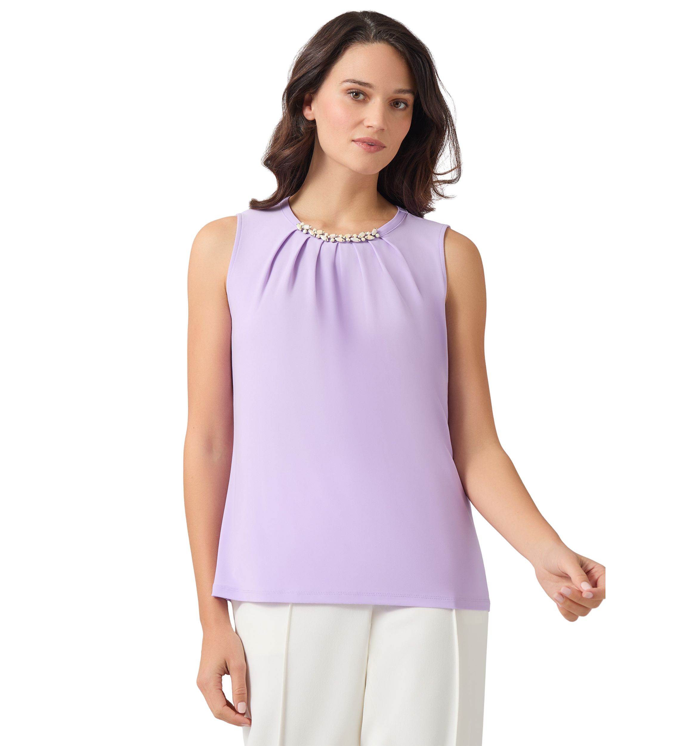 Womens Sleeveless Jeweled Pleat Neck Top 