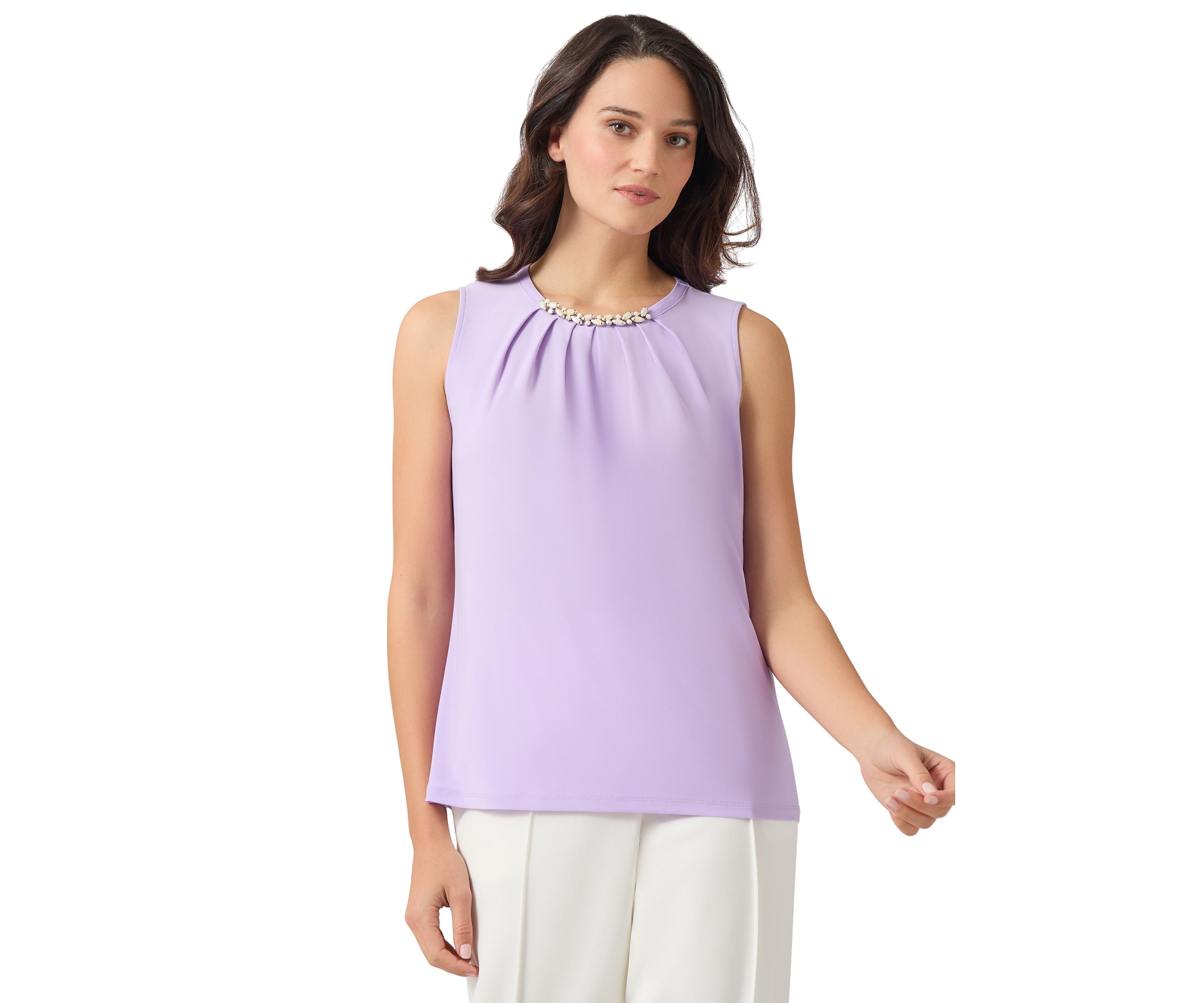 Womens Sleeveless Jeweled Pleat Neck Top 