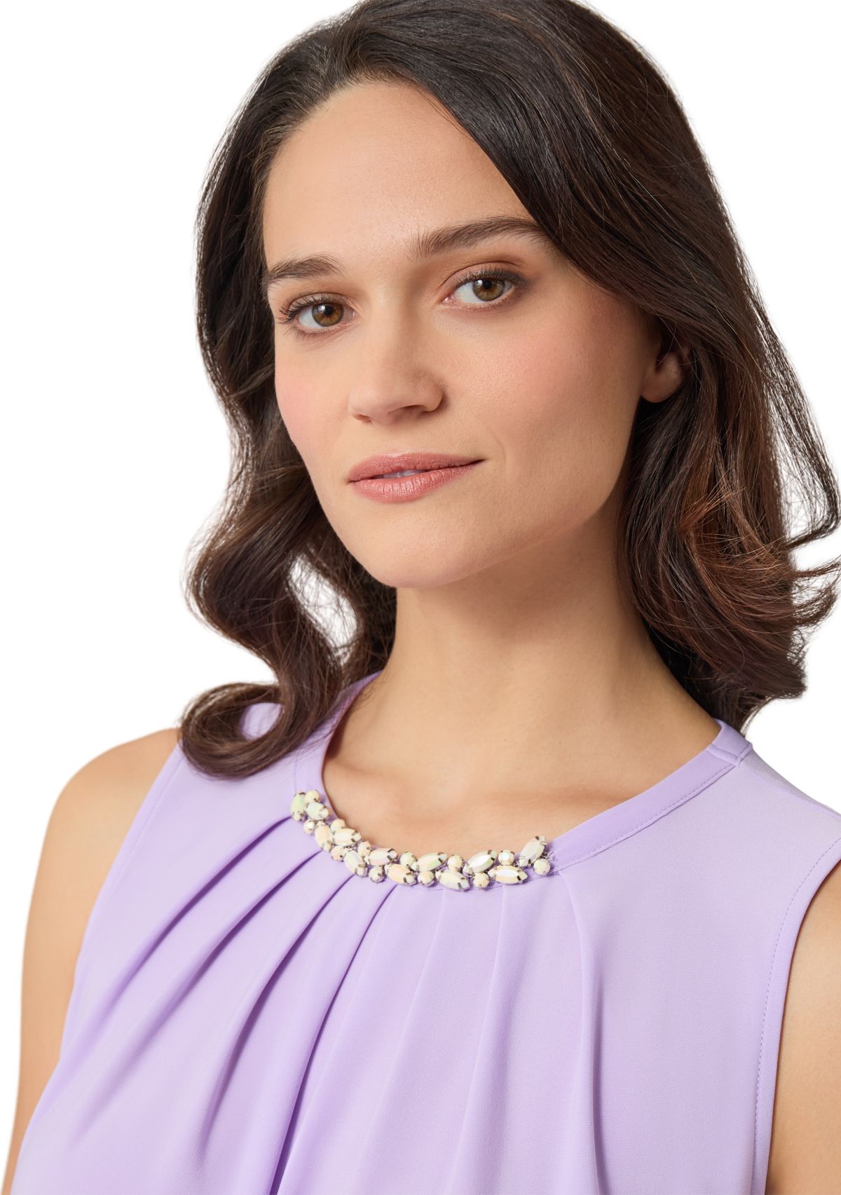 Womens Sleeveless Jeweled Pleat Neck Top 