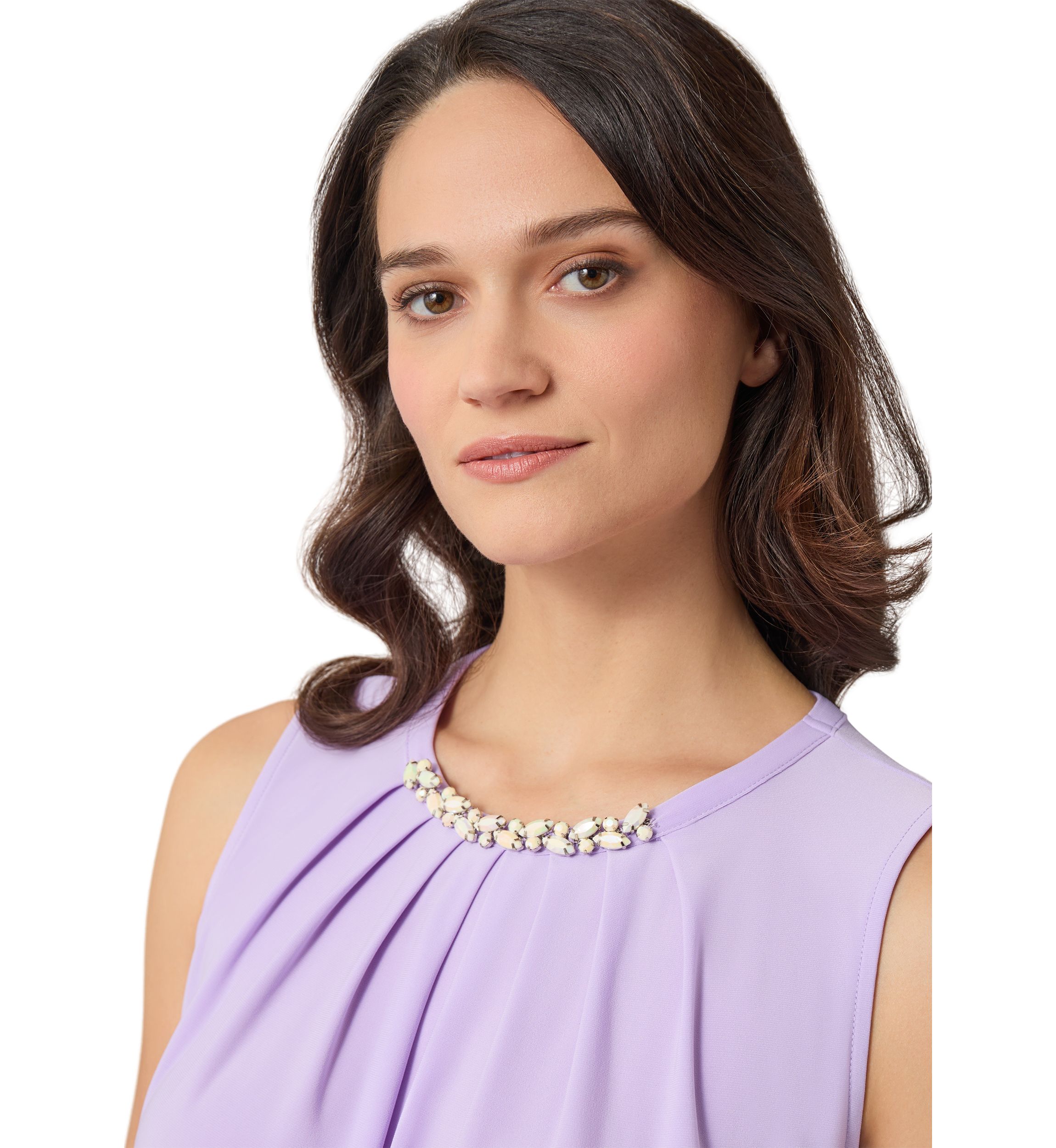Womens Sleeveless Jeweled Pleat Neck Top 