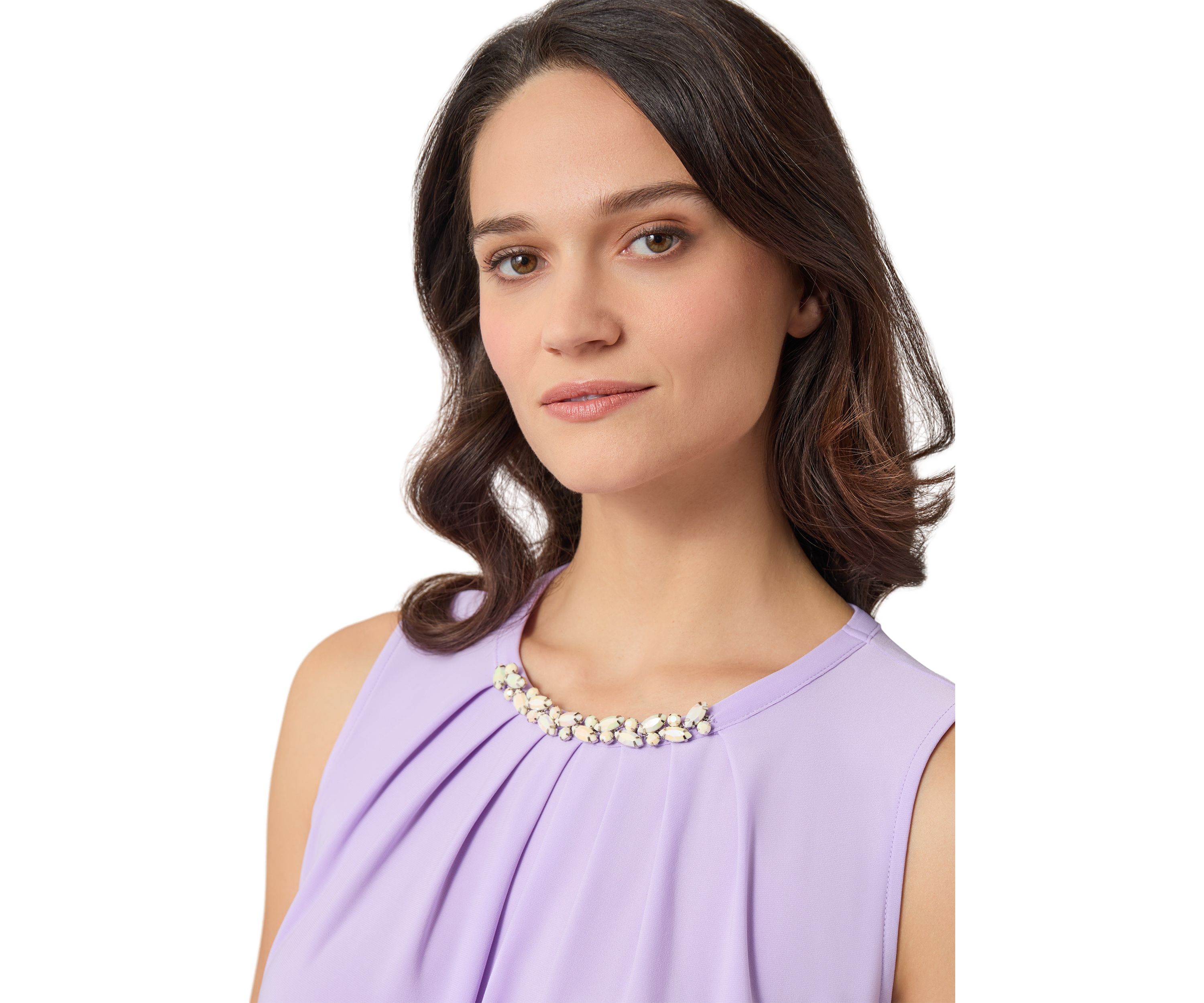 Womens Sleeveless Jeweled Pleat Neck Top 