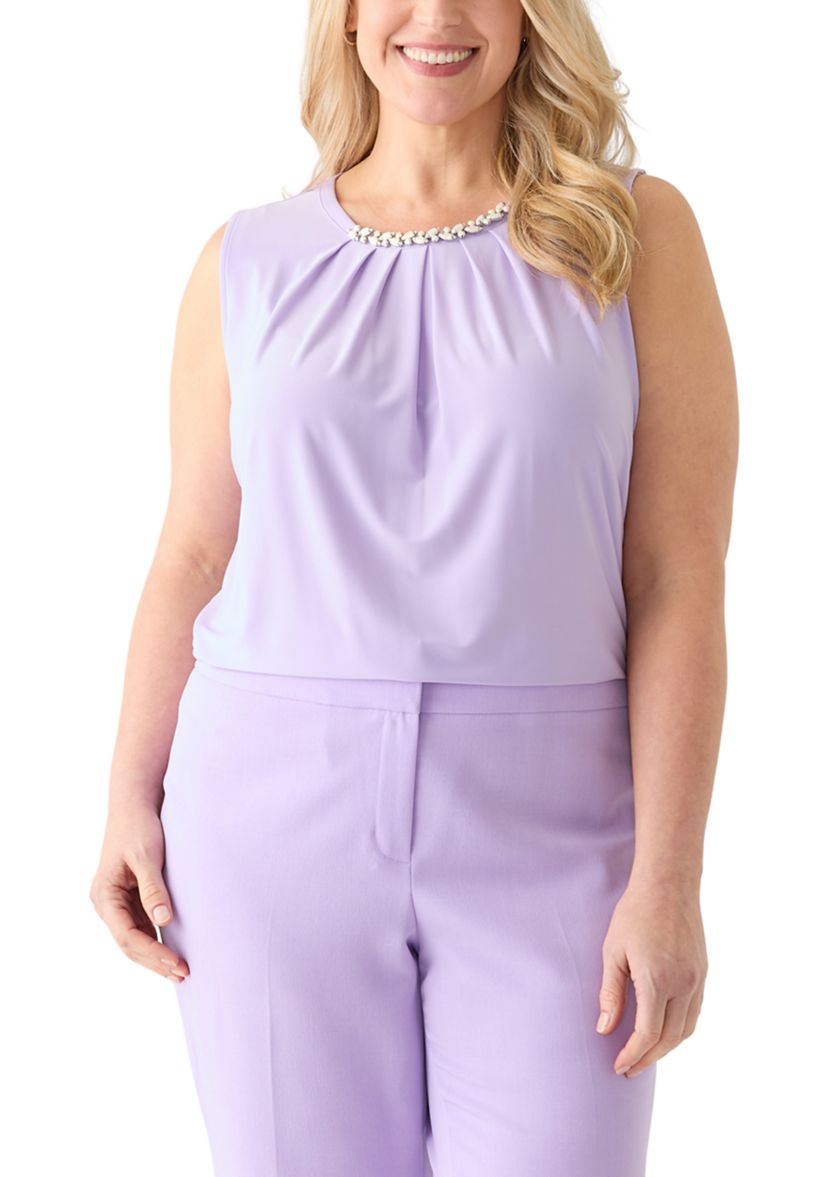 Plus Size Sleeveless Jeweled Pleat Neck  Top