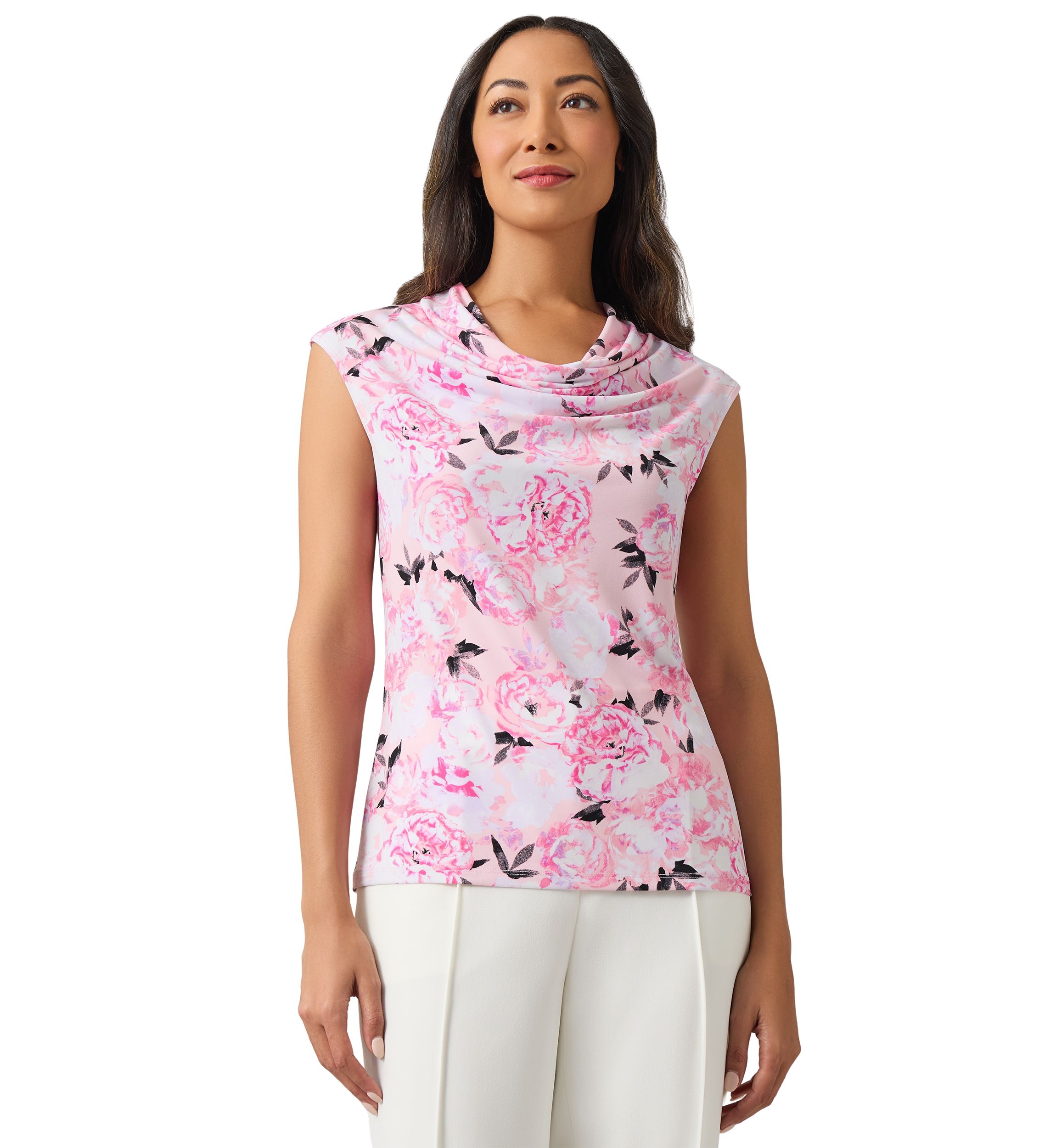 Womens Sleeveless Floral Cowl Neck Blouse
