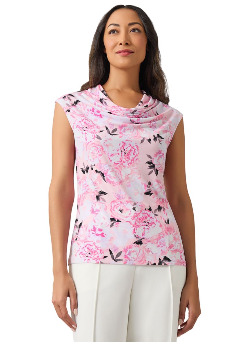 Womens Sleeveless Floral Cowl Neck Blouse