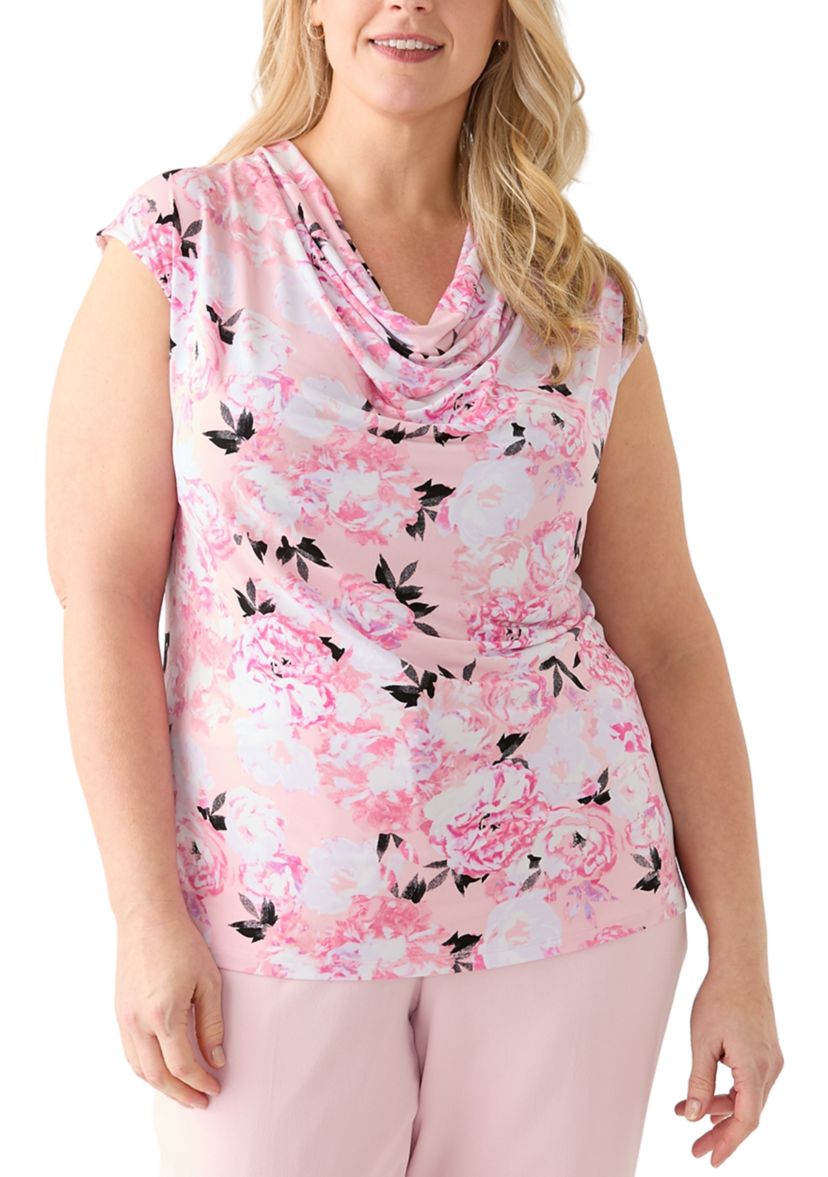 Plus Size Cap Sleeve Cowl Neck Pleated Top 