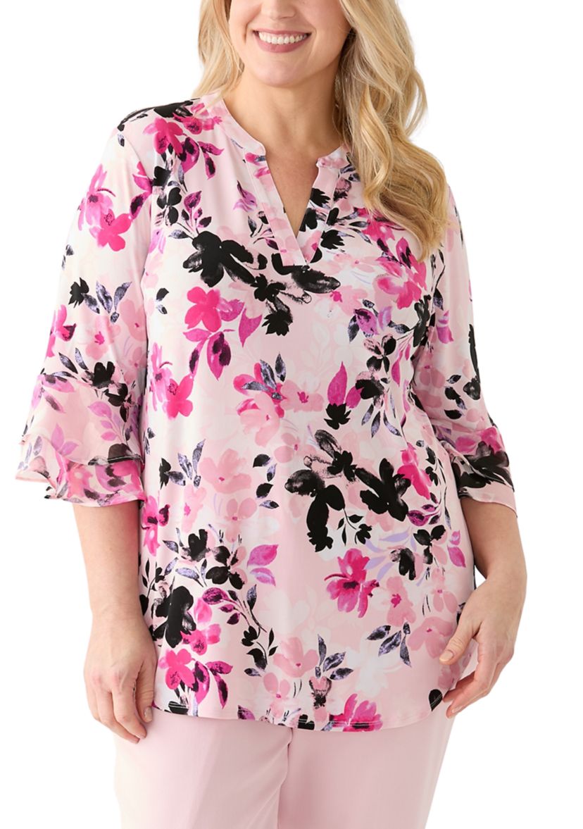 Plus Size Flutter Sleeve Split Neck Top 