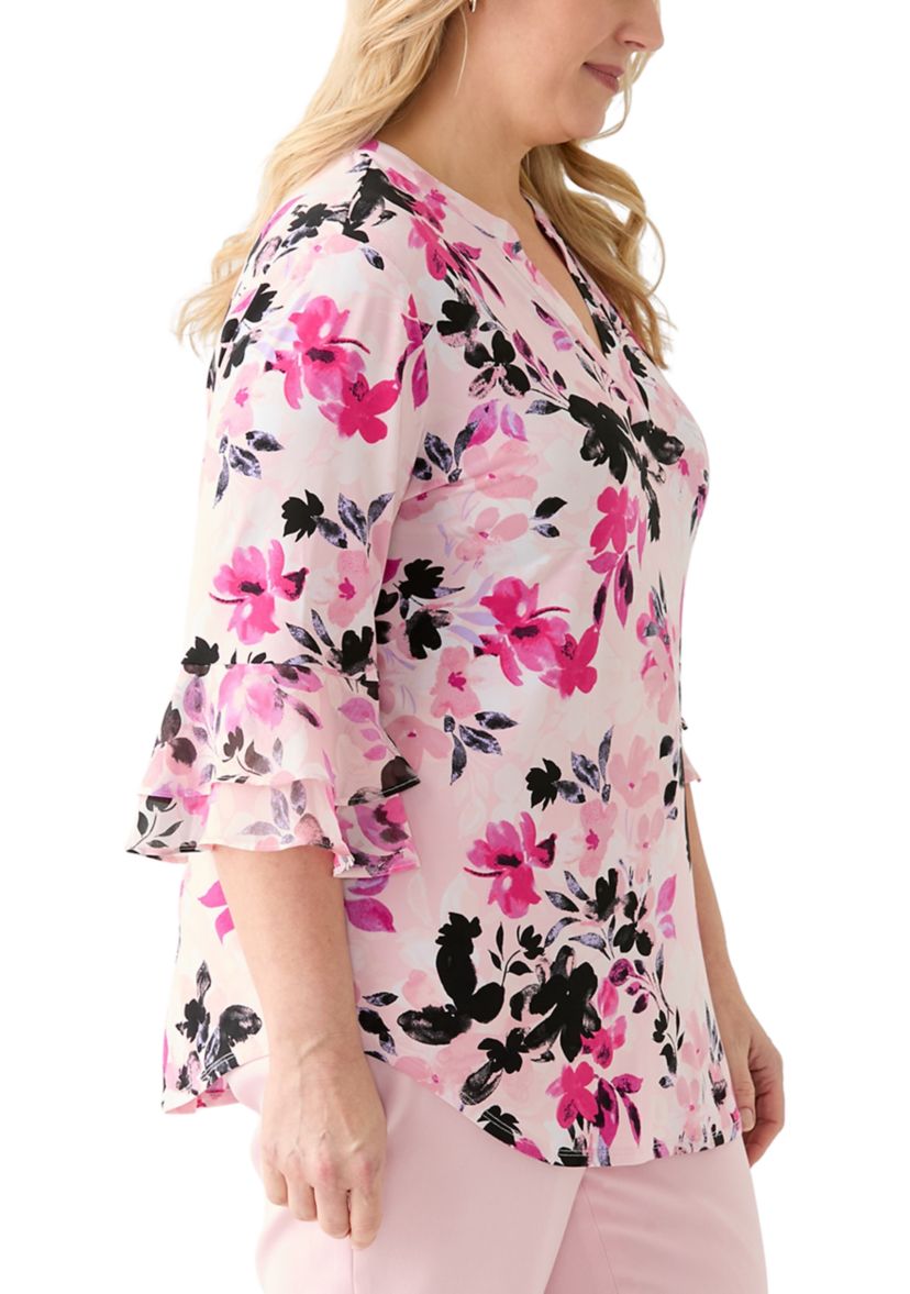 Plus Size Flutter Sleeve Split Neck Top 