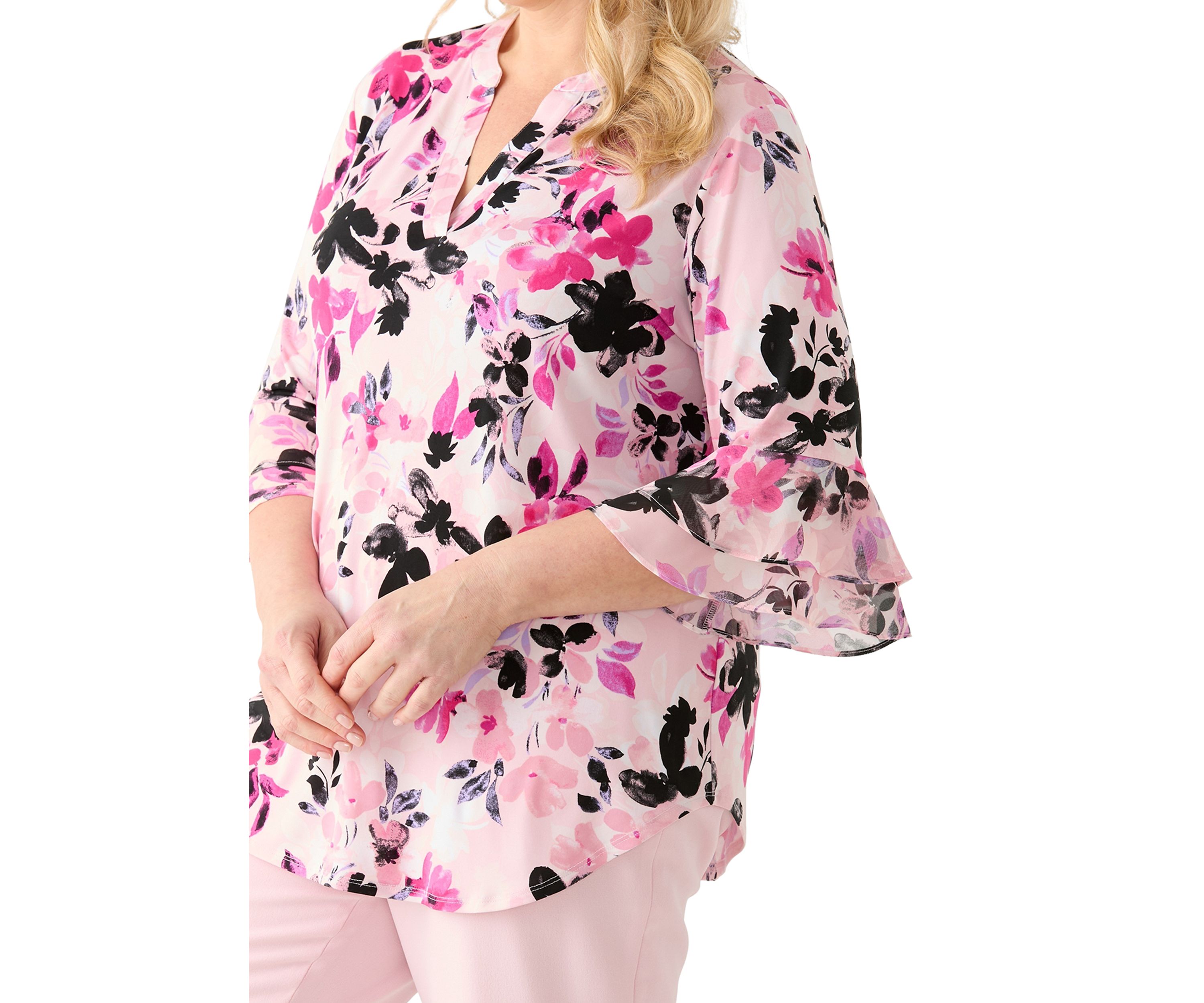 Plus Size Flutter Sleeve Split Neck Top 