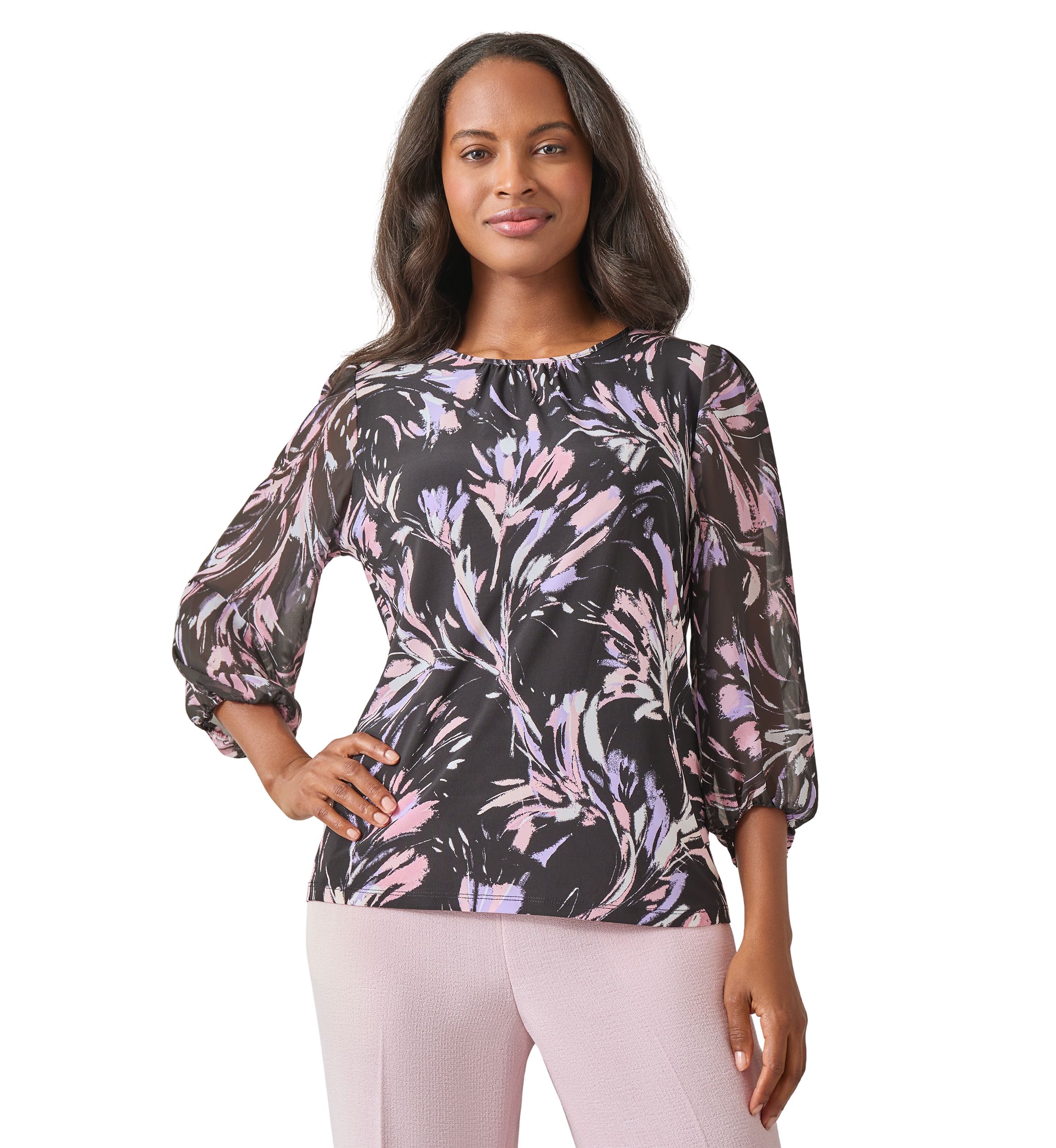 Womens Shirred Neck Blouson Sleeve Top 