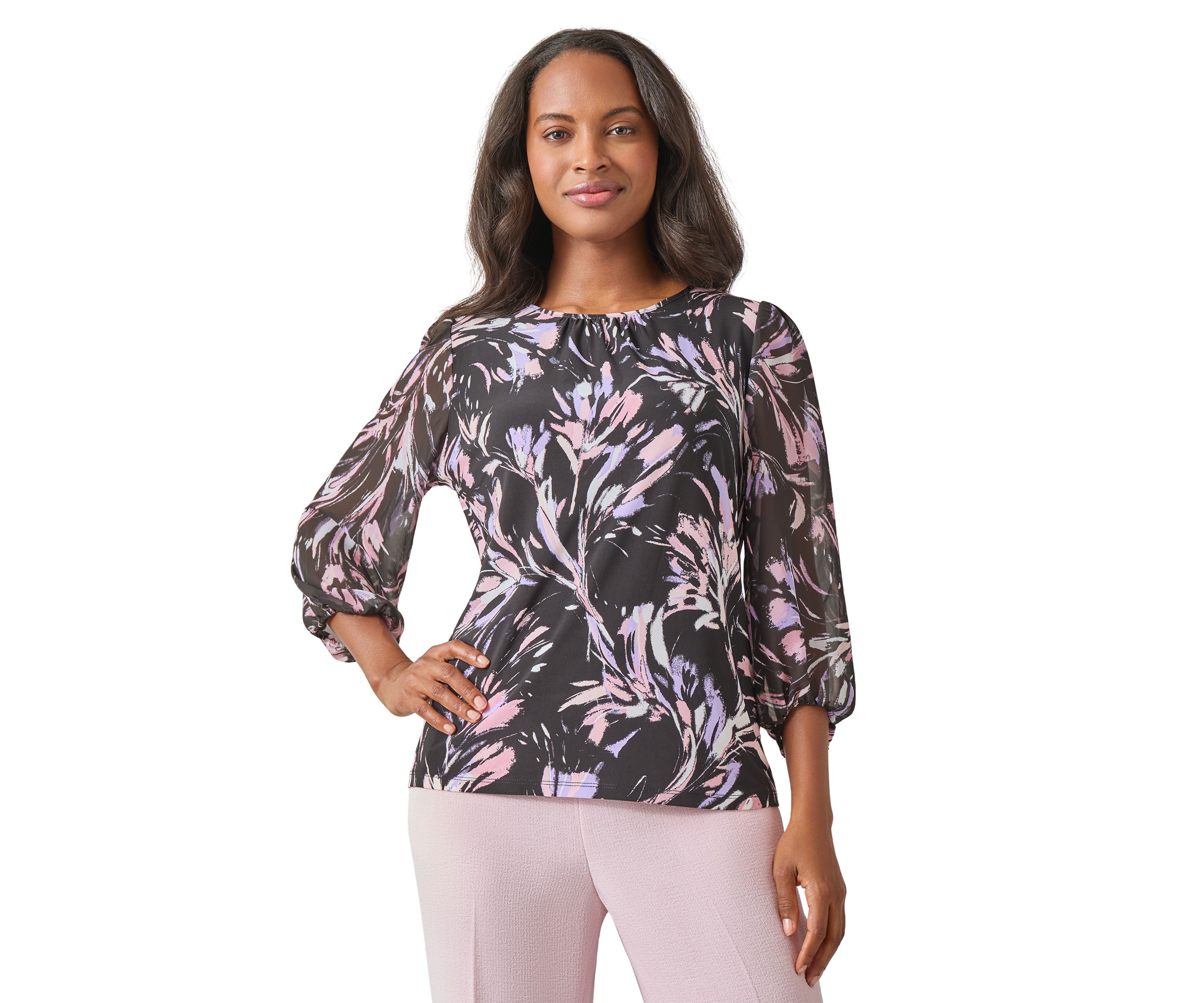 Womens Shirred Neck Blouson Sleeve Top 