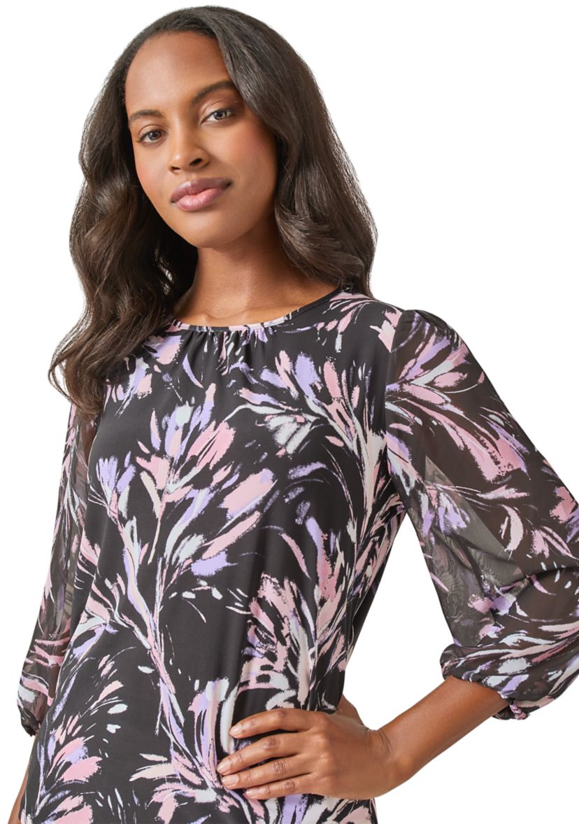 Womens Shirred Neck Blouson Sleeve Top 