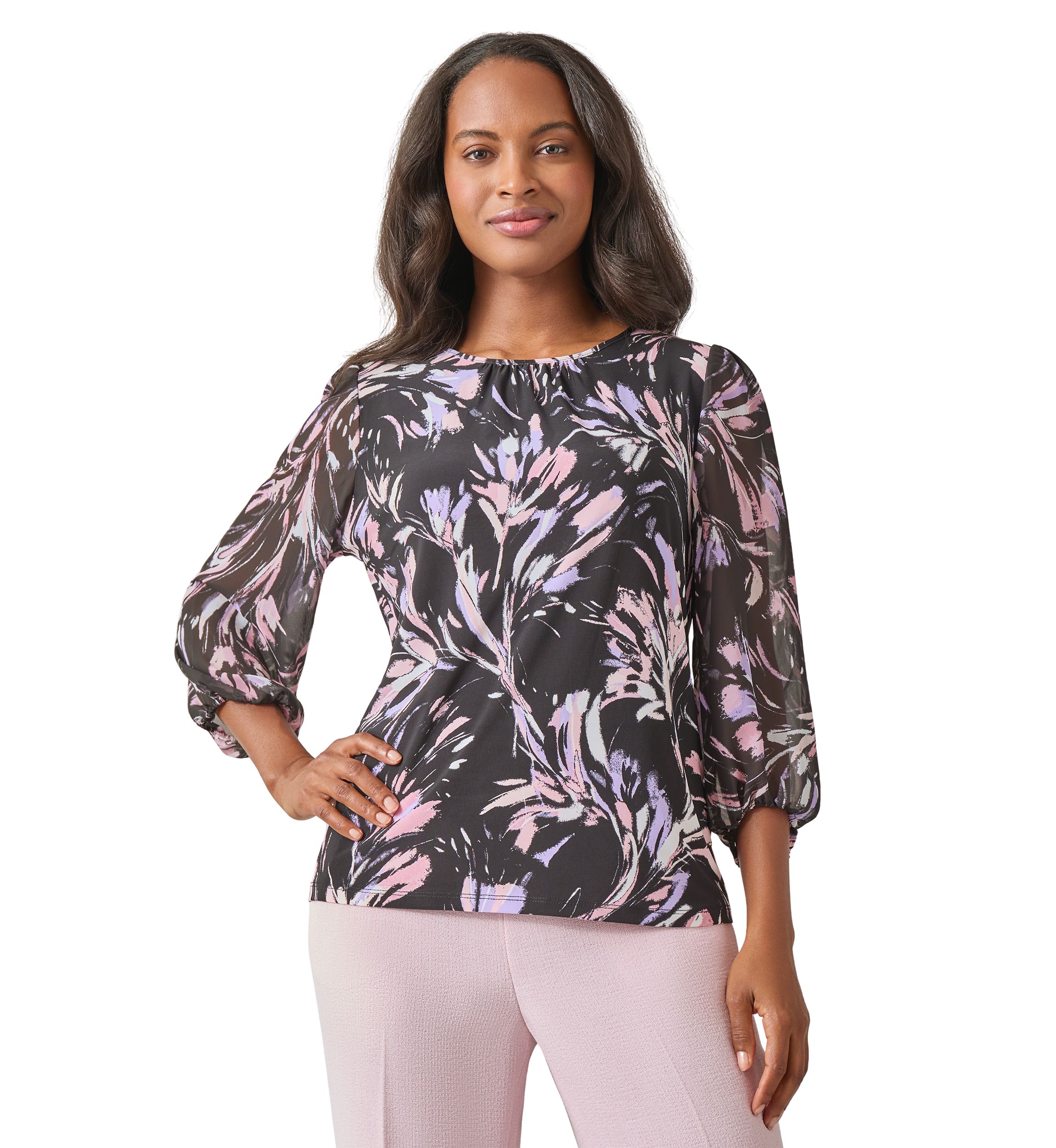 Petite Shirred Neck Blouson Sleeve Printed Top 