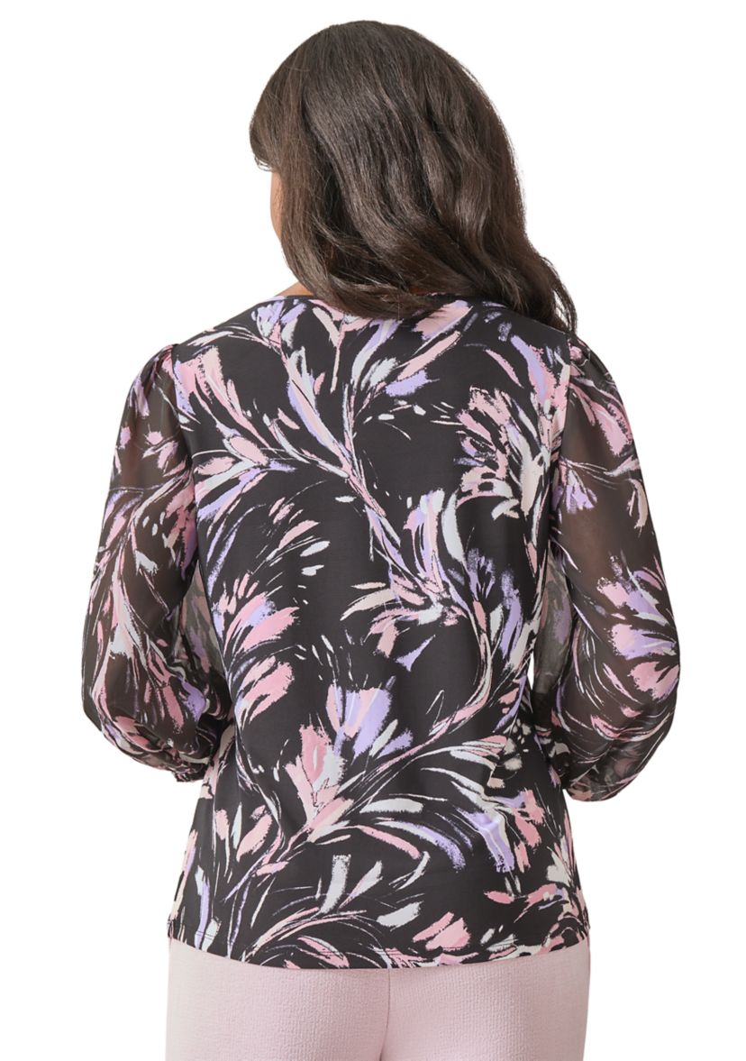 Petite Shirred Neck Blouson Sleeve Printed Top 