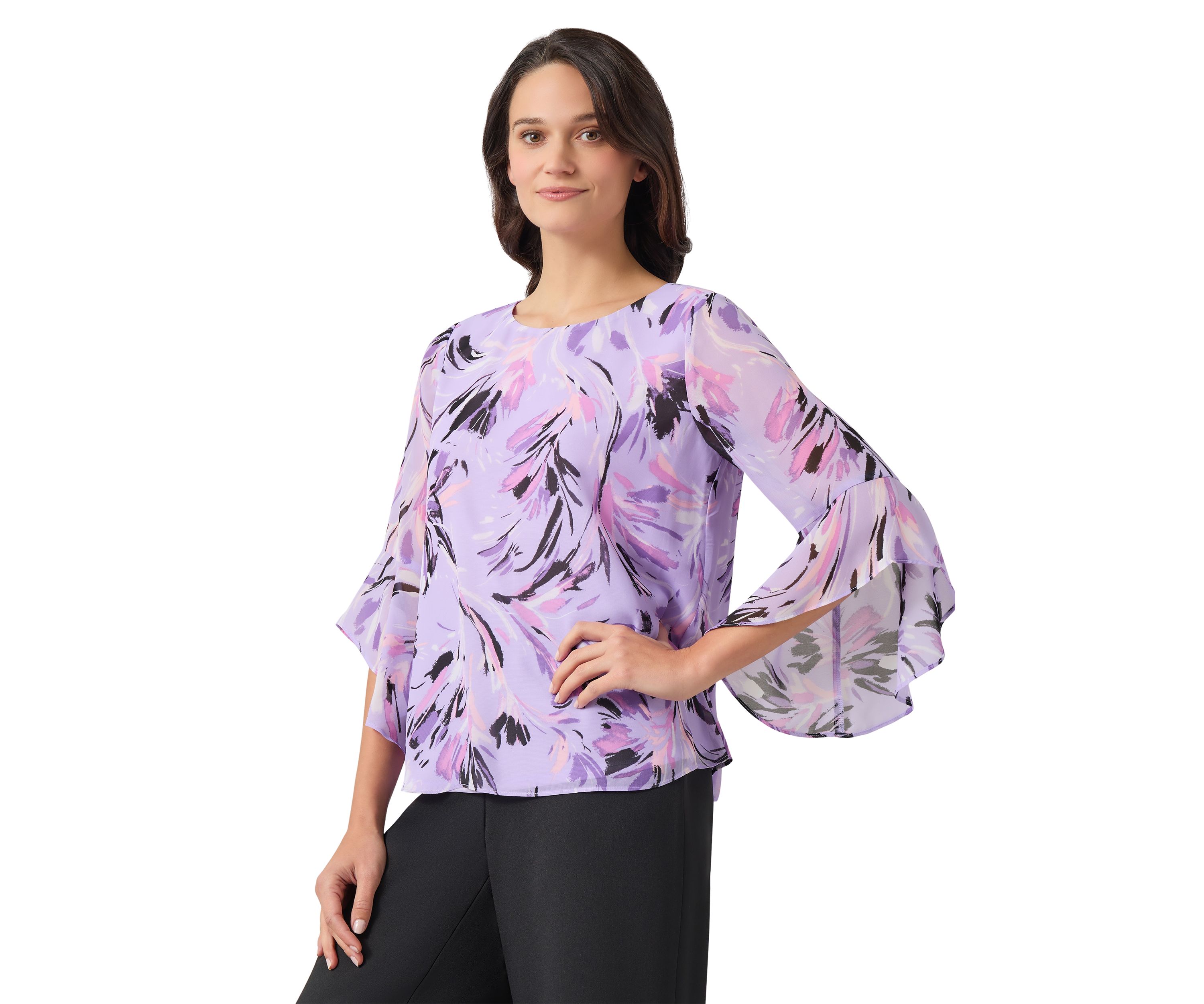 Petite Bell Sleeve Printed Blouse
