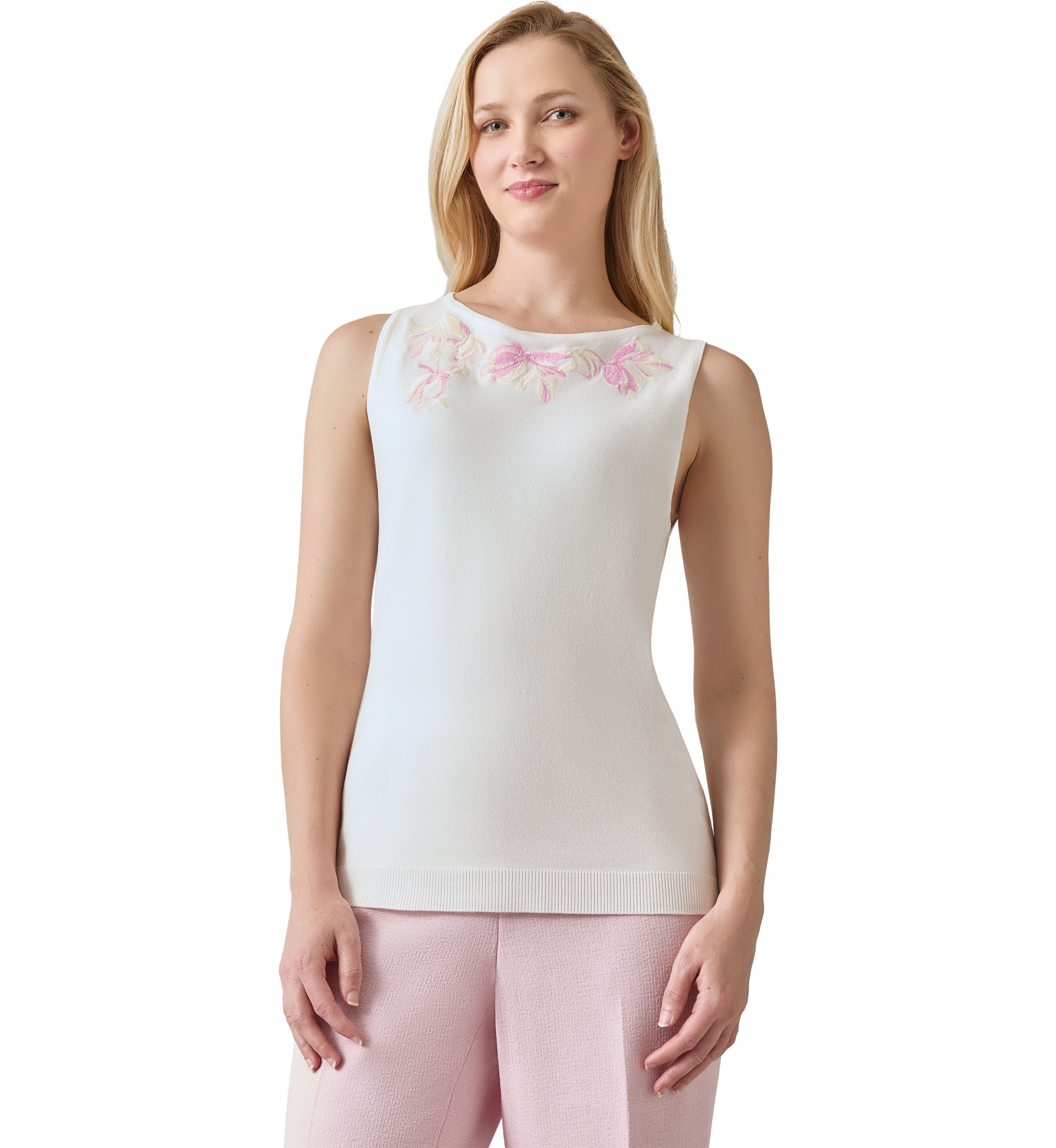 Womens Sleeveless Boat Neck Embroidered Top