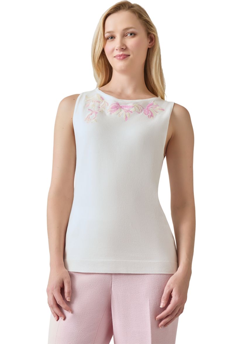 Womens Sleeveless Boat Neck Embroidered Top