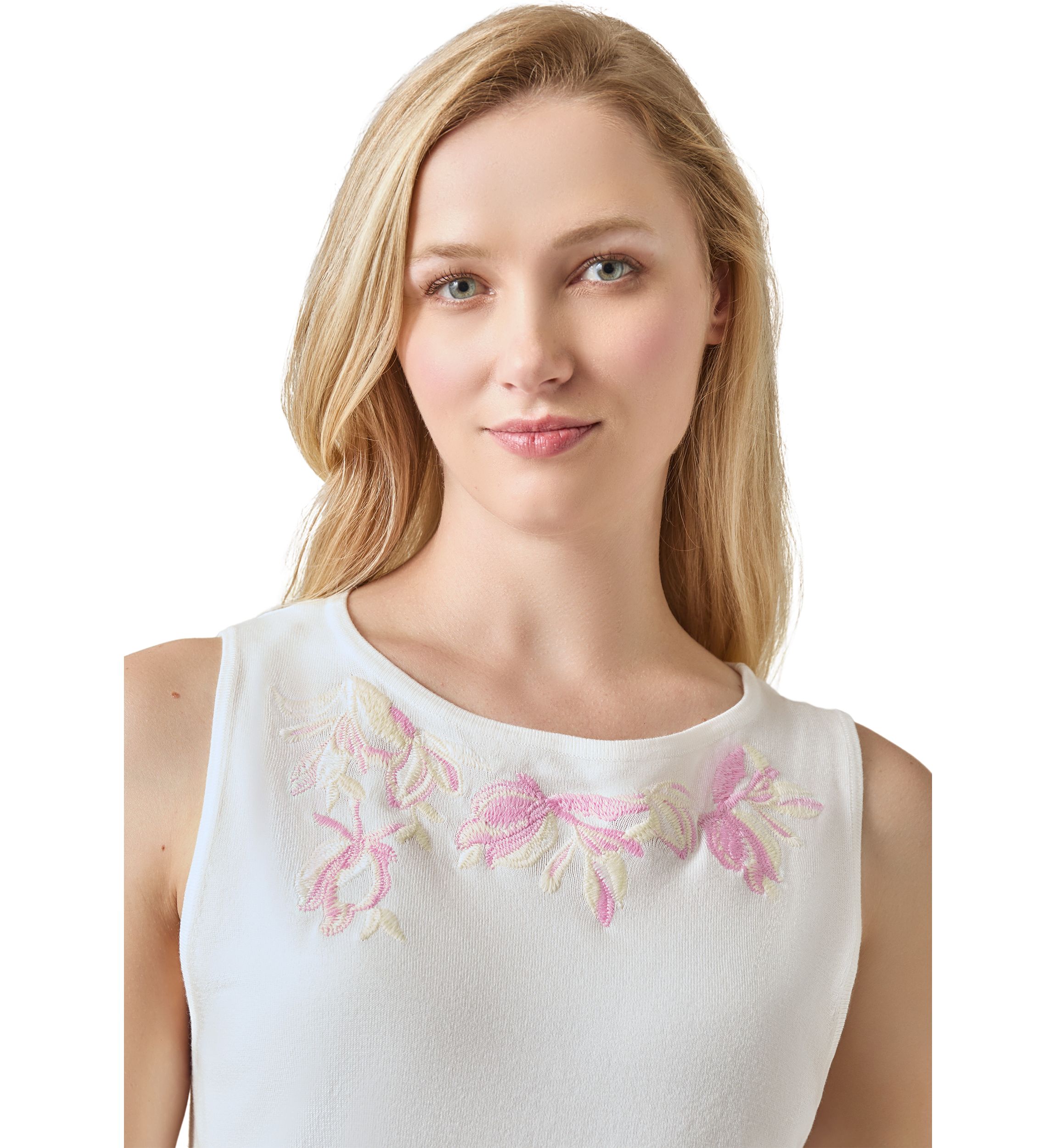 Womens Sleeveless Boat Neck Embroidered Top