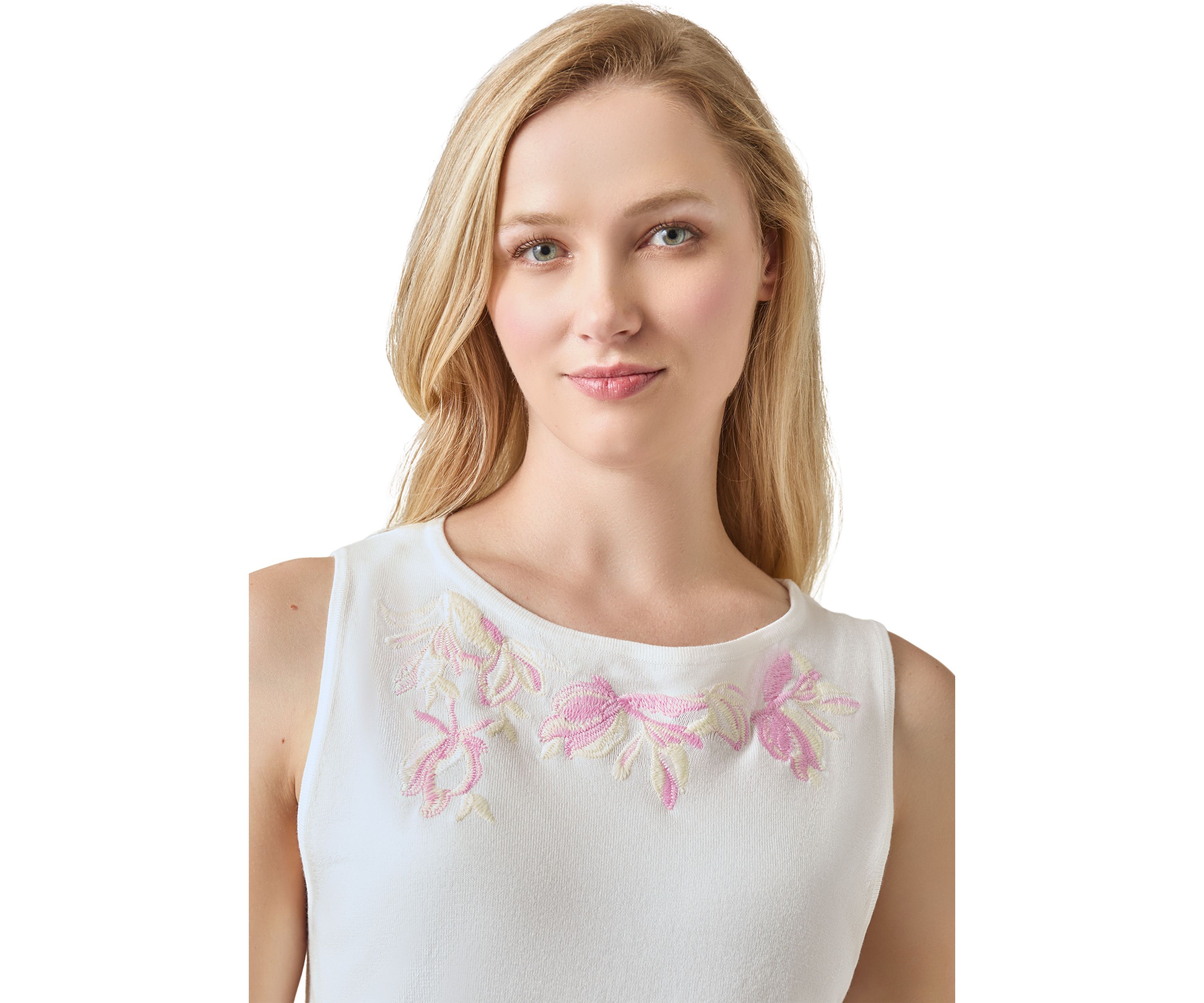 Womens Sleeveless Boat Neck Embroidered Top