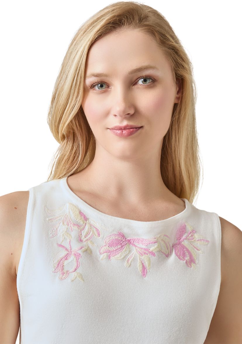 Womens Sleeveless Boat Neck Embroidered Top