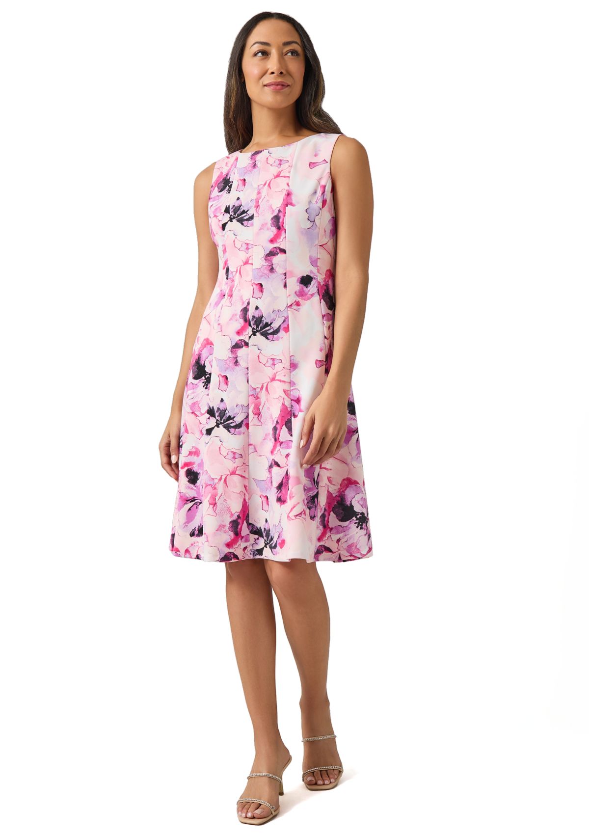 Petite Sleeveless Multi Seam Printed Fit and Flare Dress