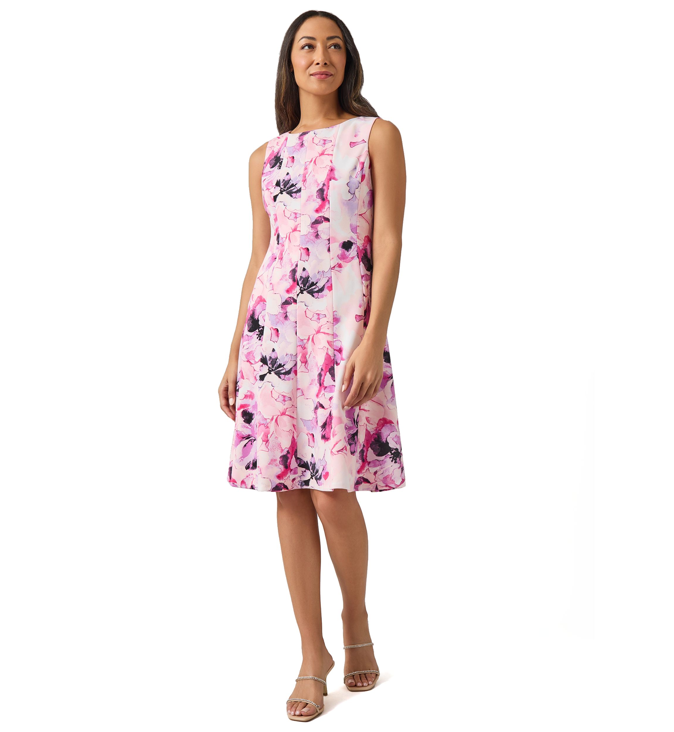 Petite Sleeveless Multi Seam Printed Fit and Flare Dress