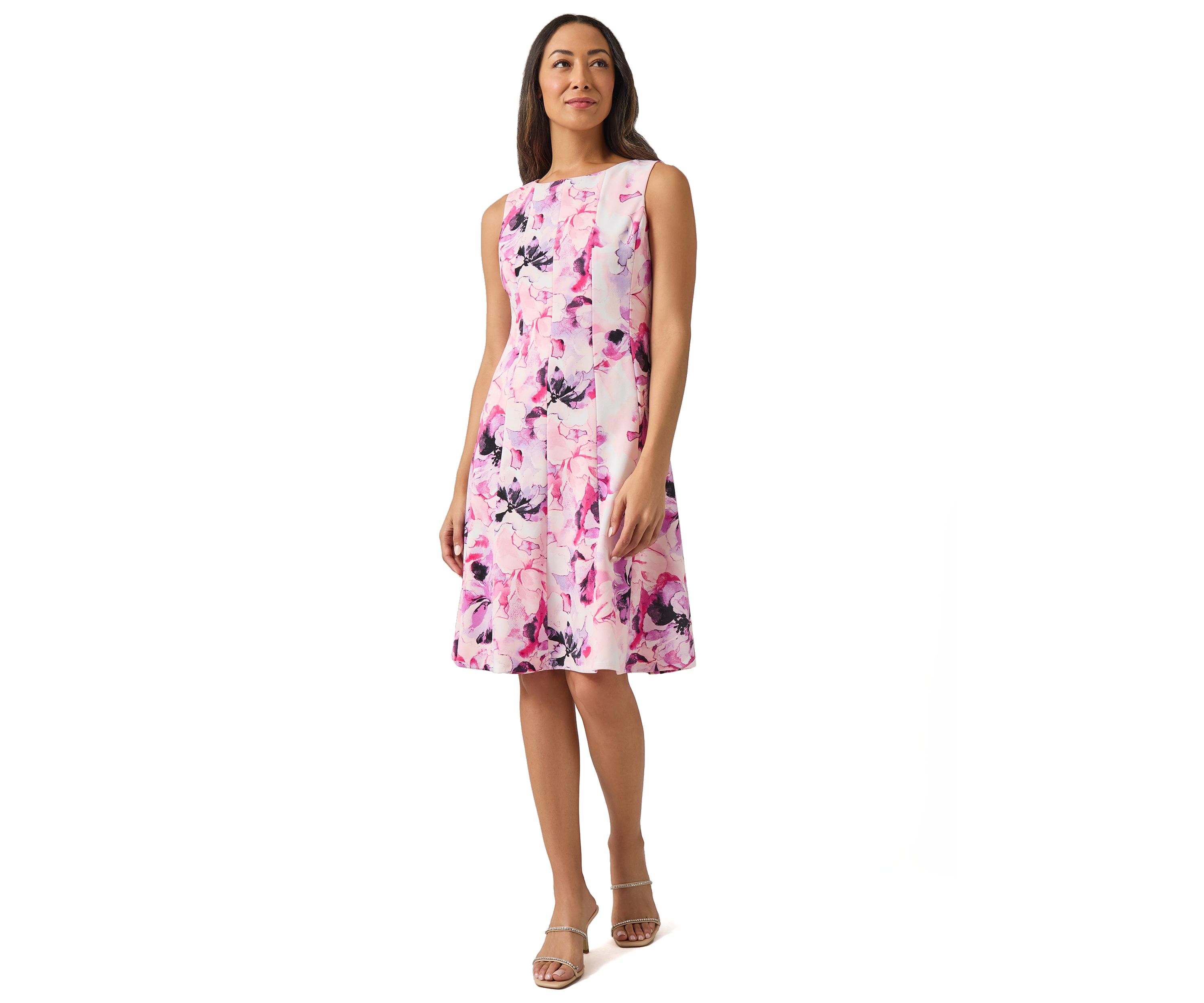 Petite Sleeveless Multi Seam Printed Fit and Flare Dress