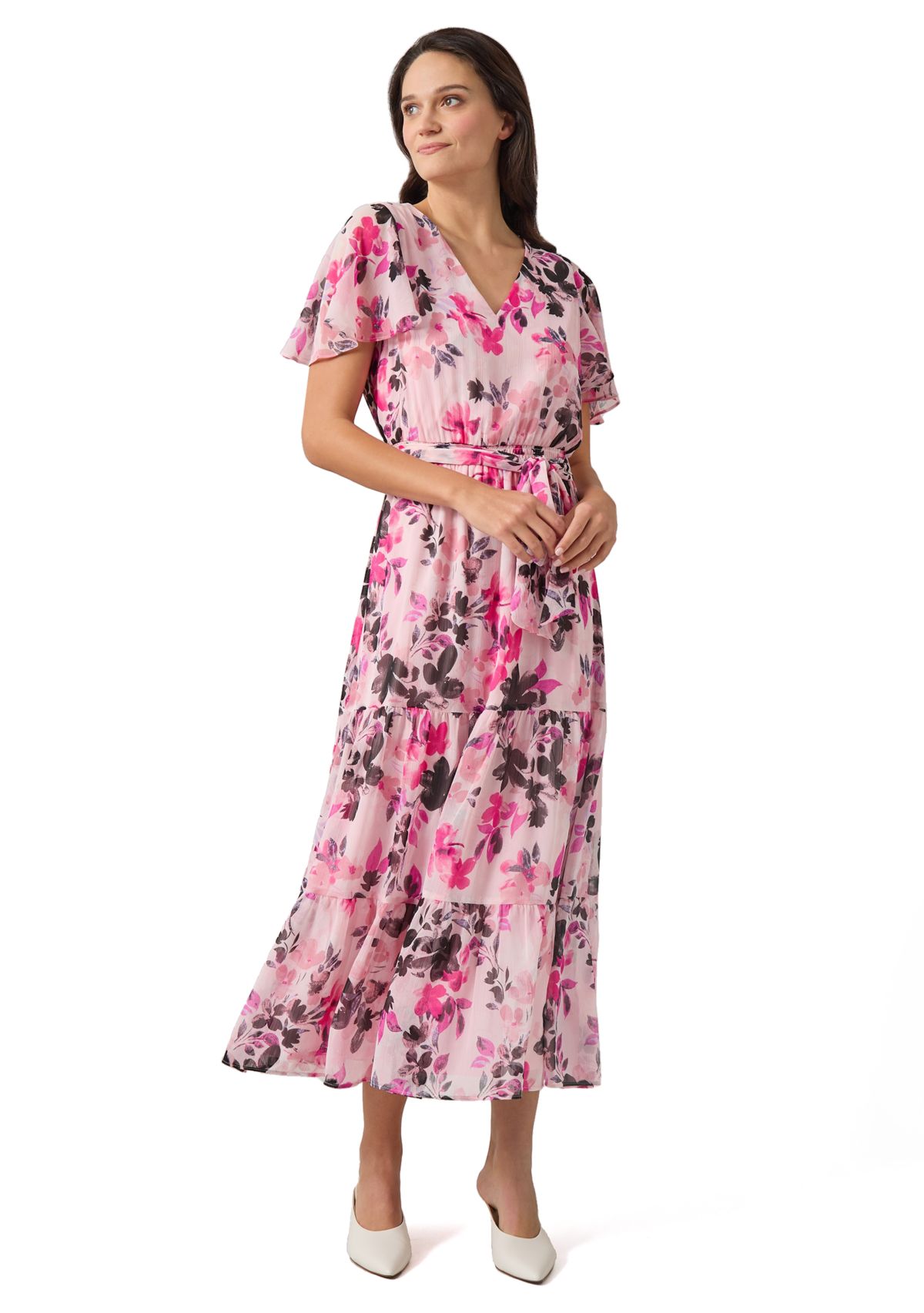 Womens Flutter Sleeve Tiered Smocked Floral Dress