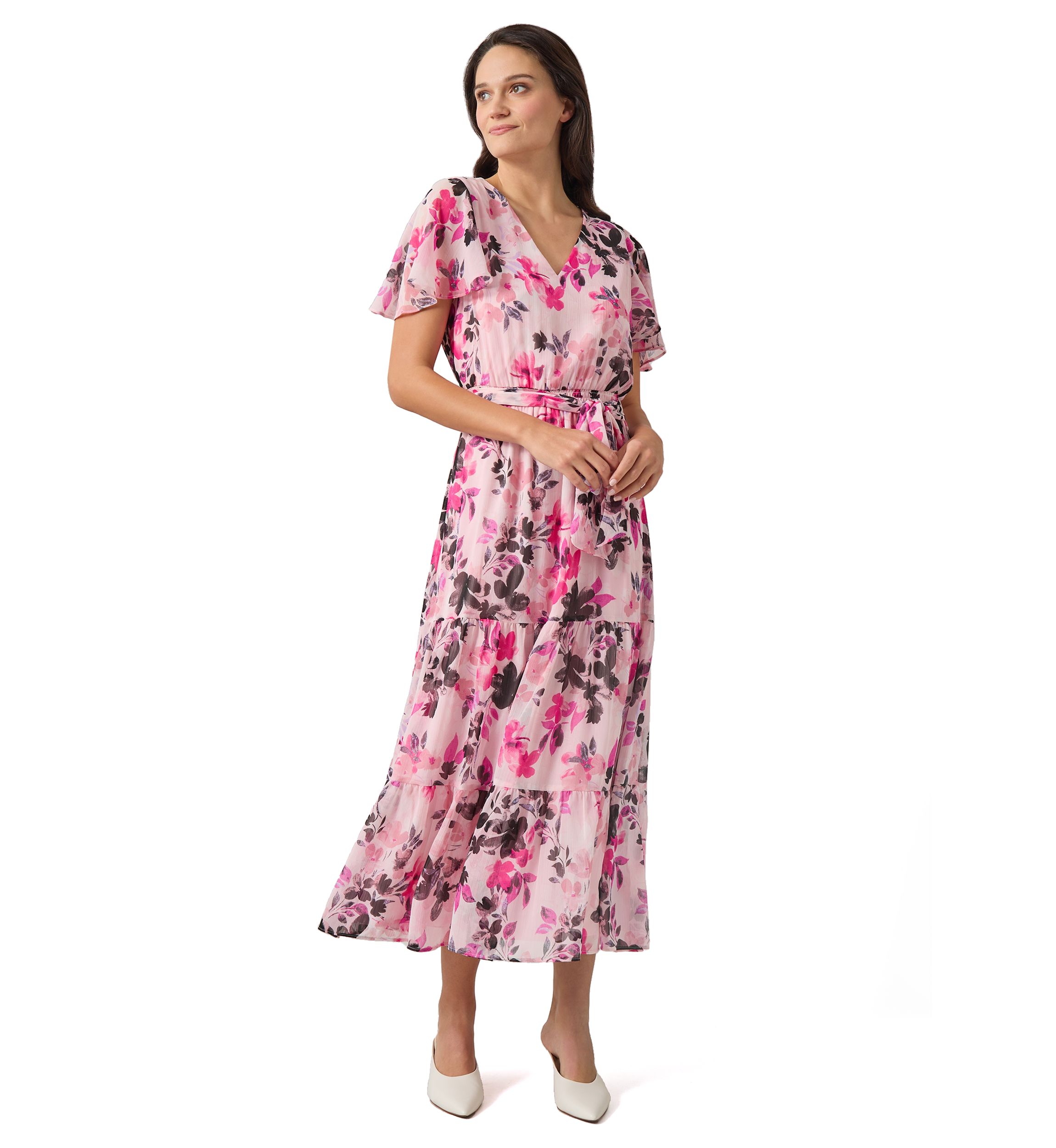 Womens Flutter Sleeve Tiered Smocked Floral Dress