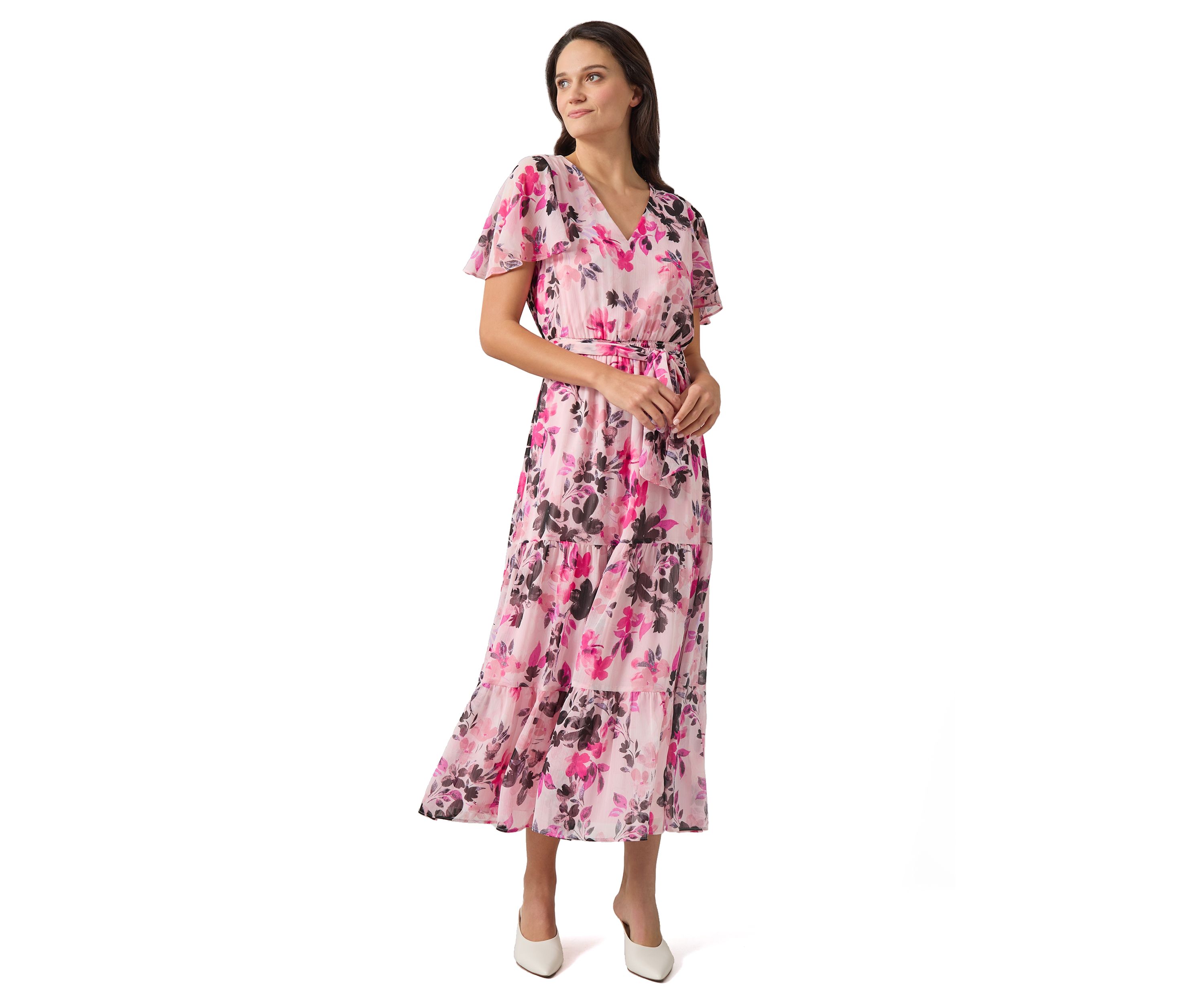 Womens Flutter Sleeve Tiered Smocked Floral Dress