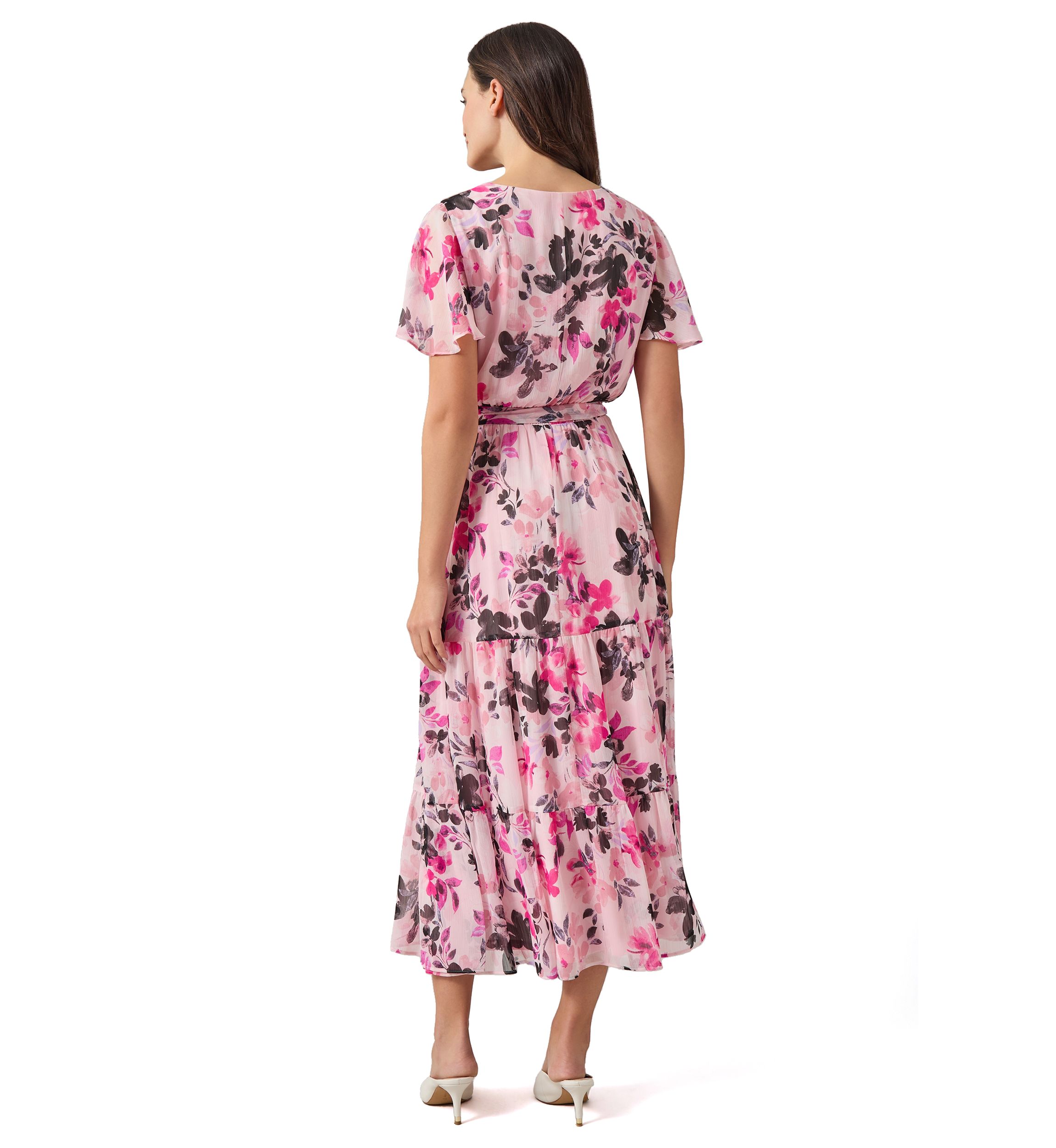 Womens Flutter Sleeve Tiered Smocked Floral Dress