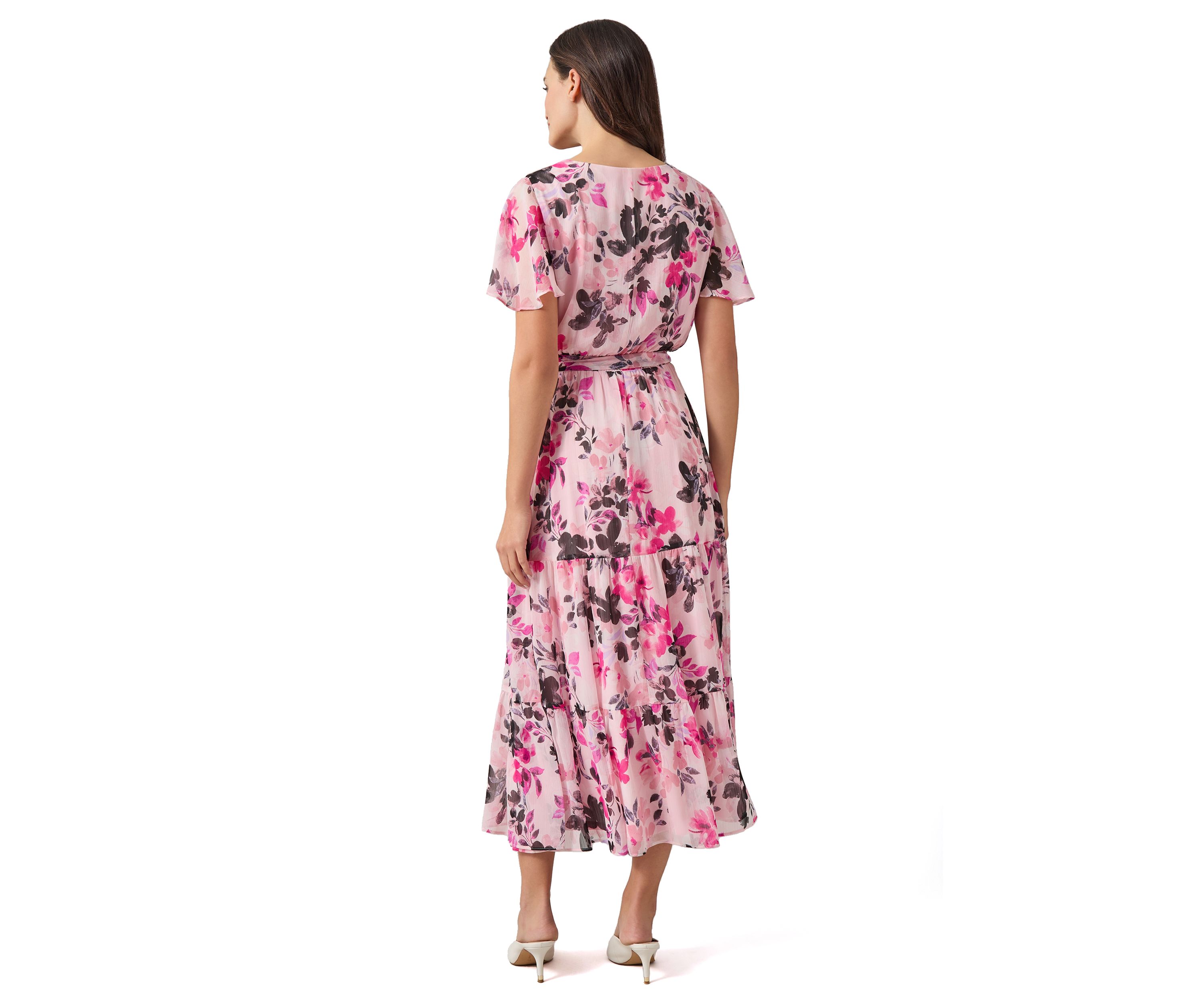 Womens Flutter Sleeve Tiered Smocked Floral Dress