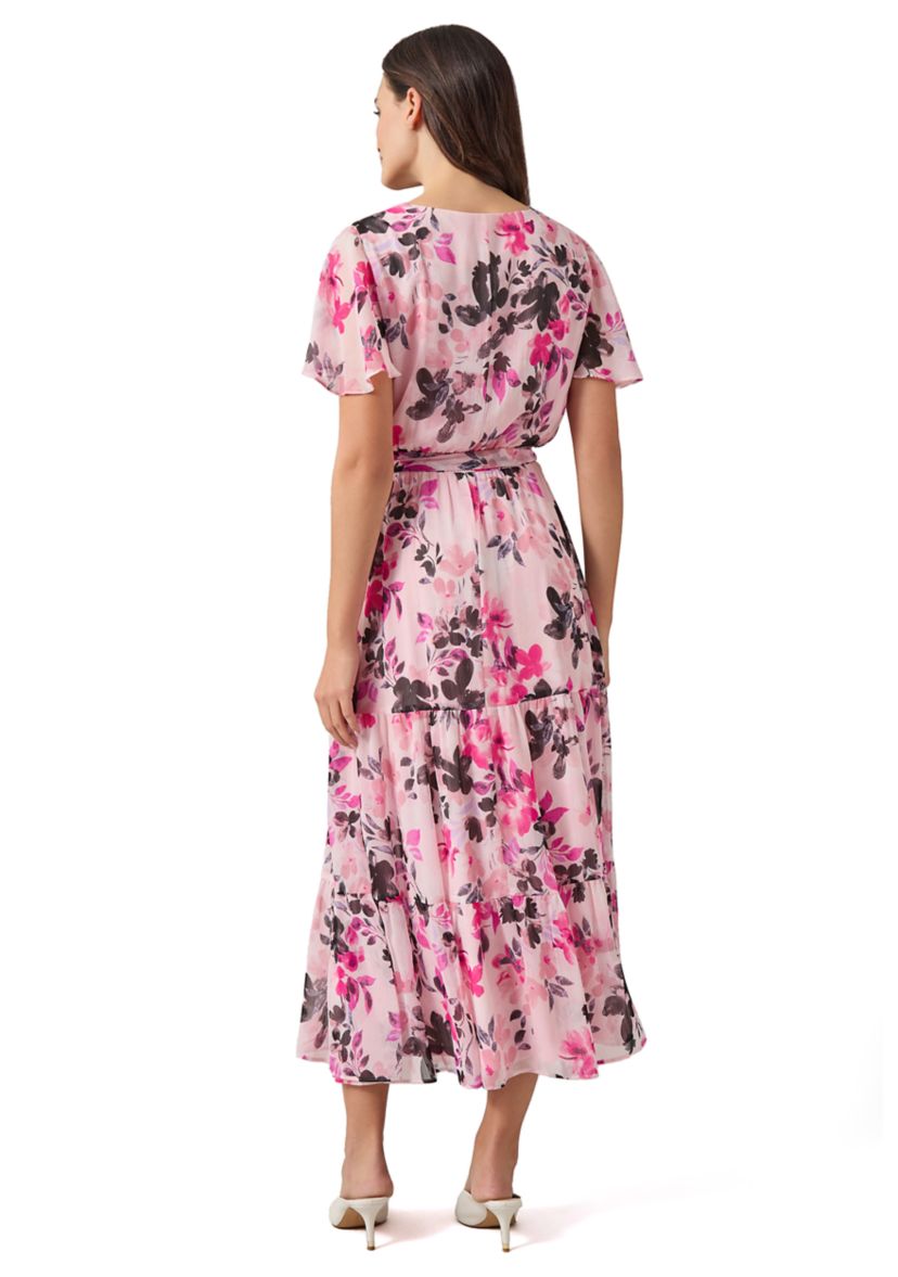 Womens Flutter Sleeve Tiered Smocked Floral Dress
