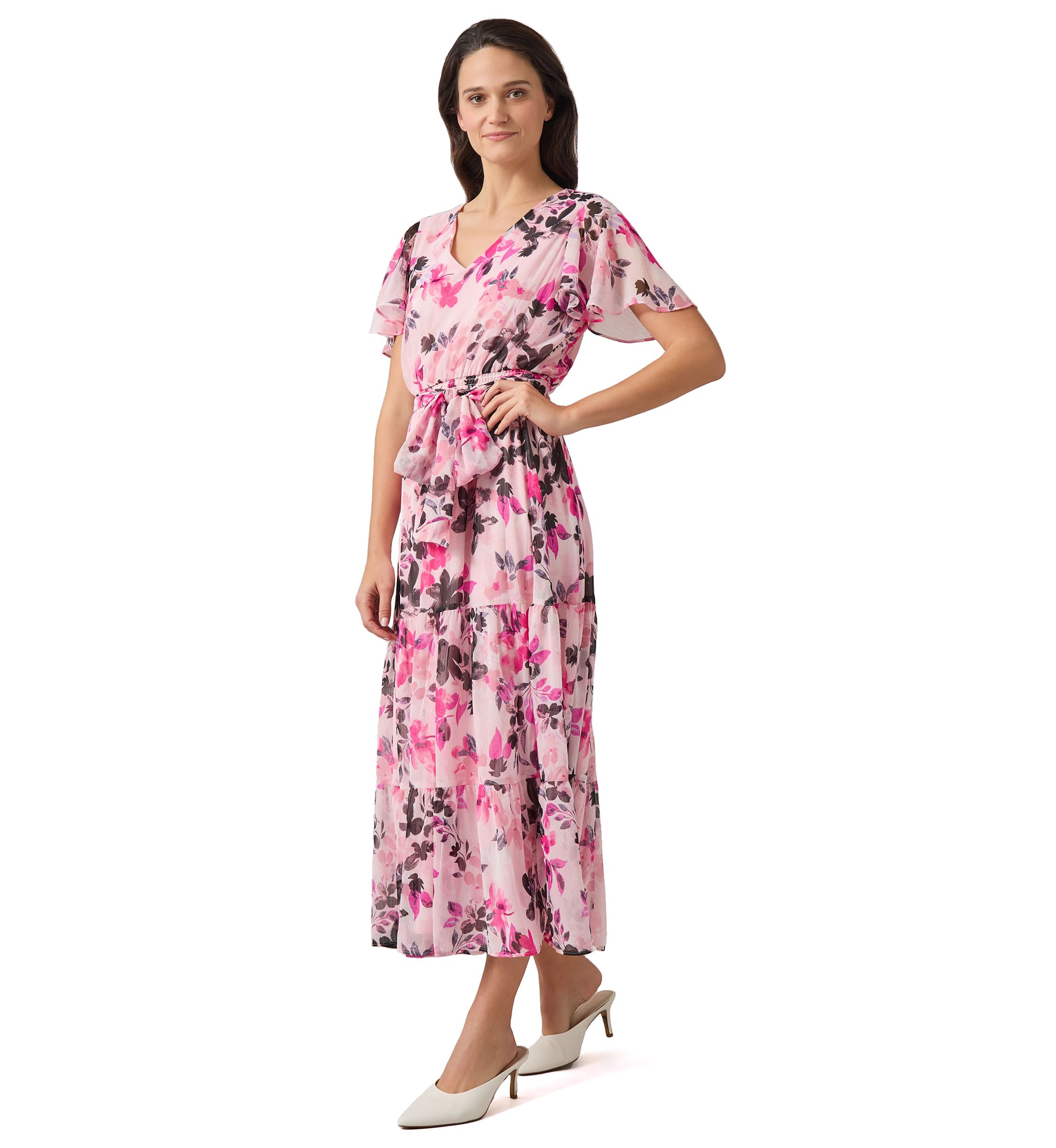 Womens Flutter Sleeve Tiered Smocked Floral Dress