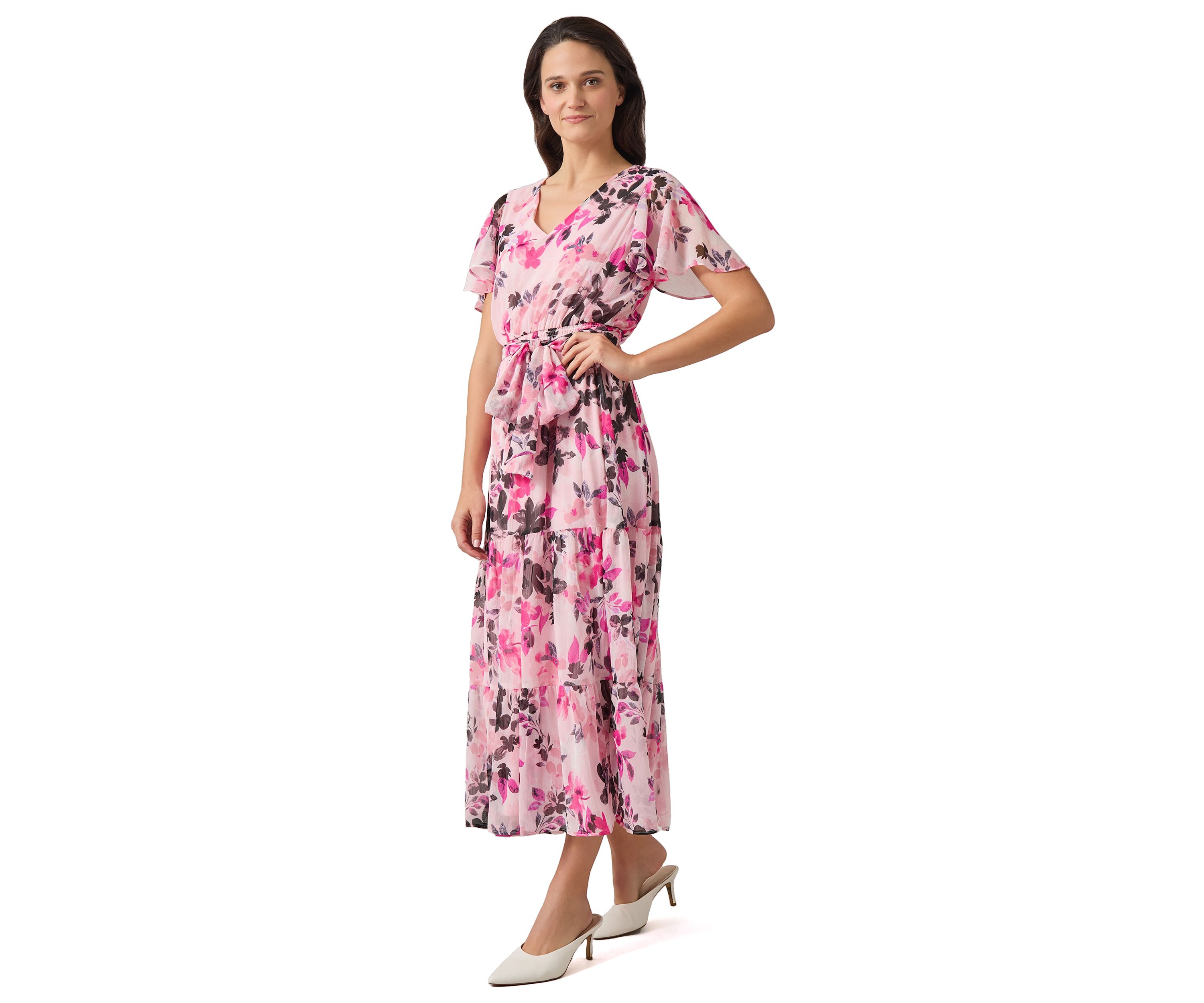 Womens Flutter Sleeve Tiered Smocked Floral Dress