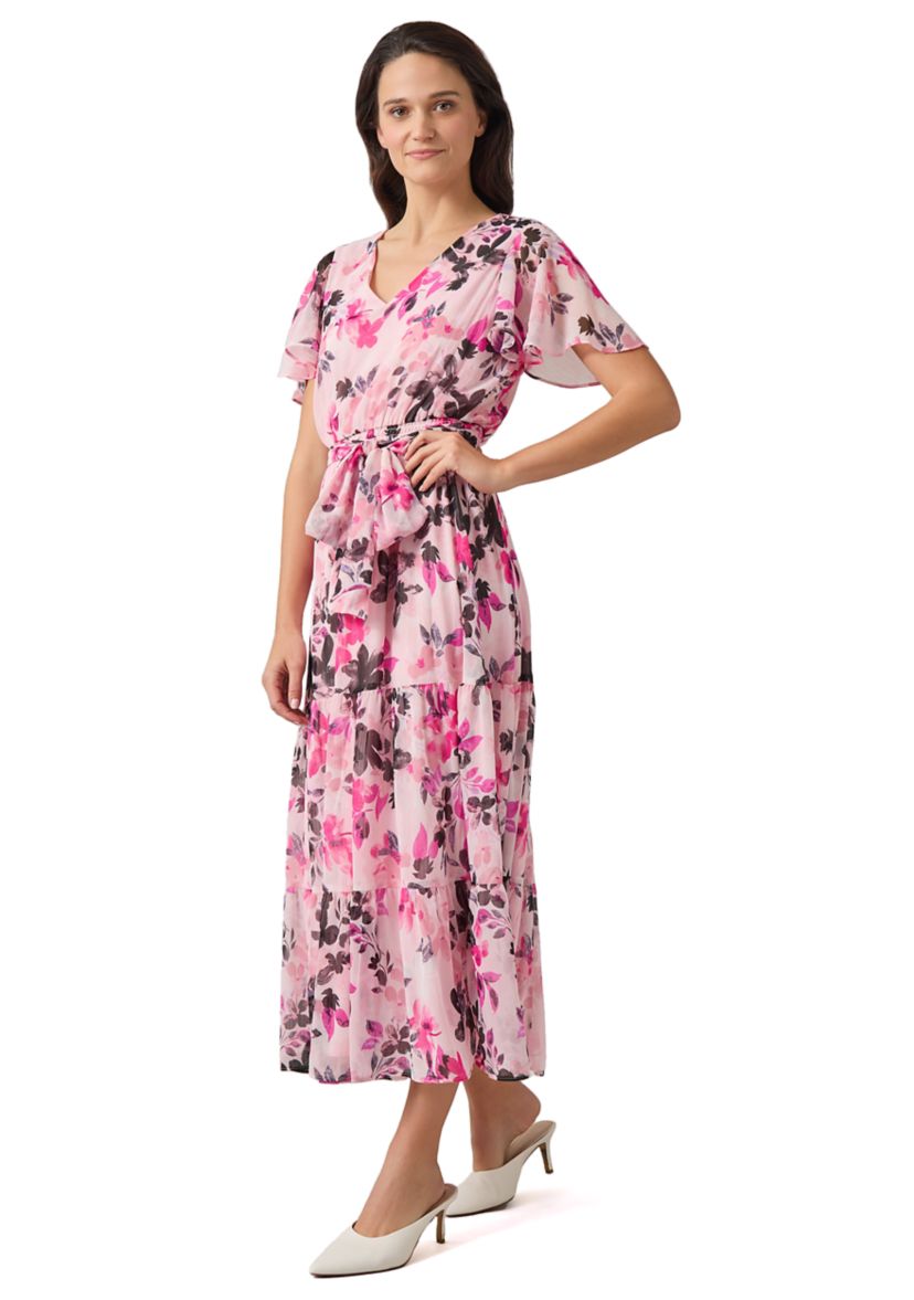 Womens Flutter Sleeve Tiered Smocked Floral Dress