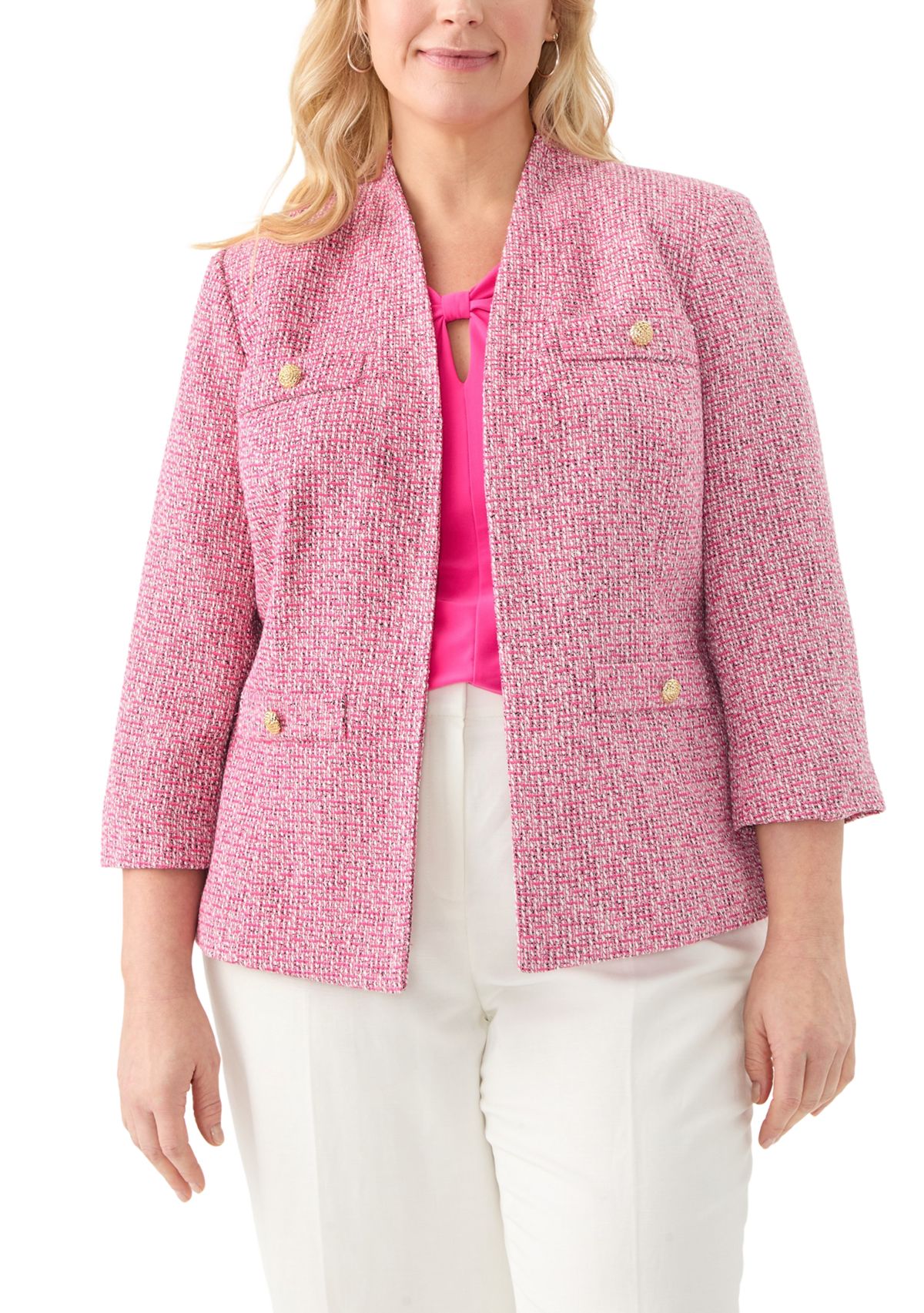Plus Size Tweed Collarless Jacket