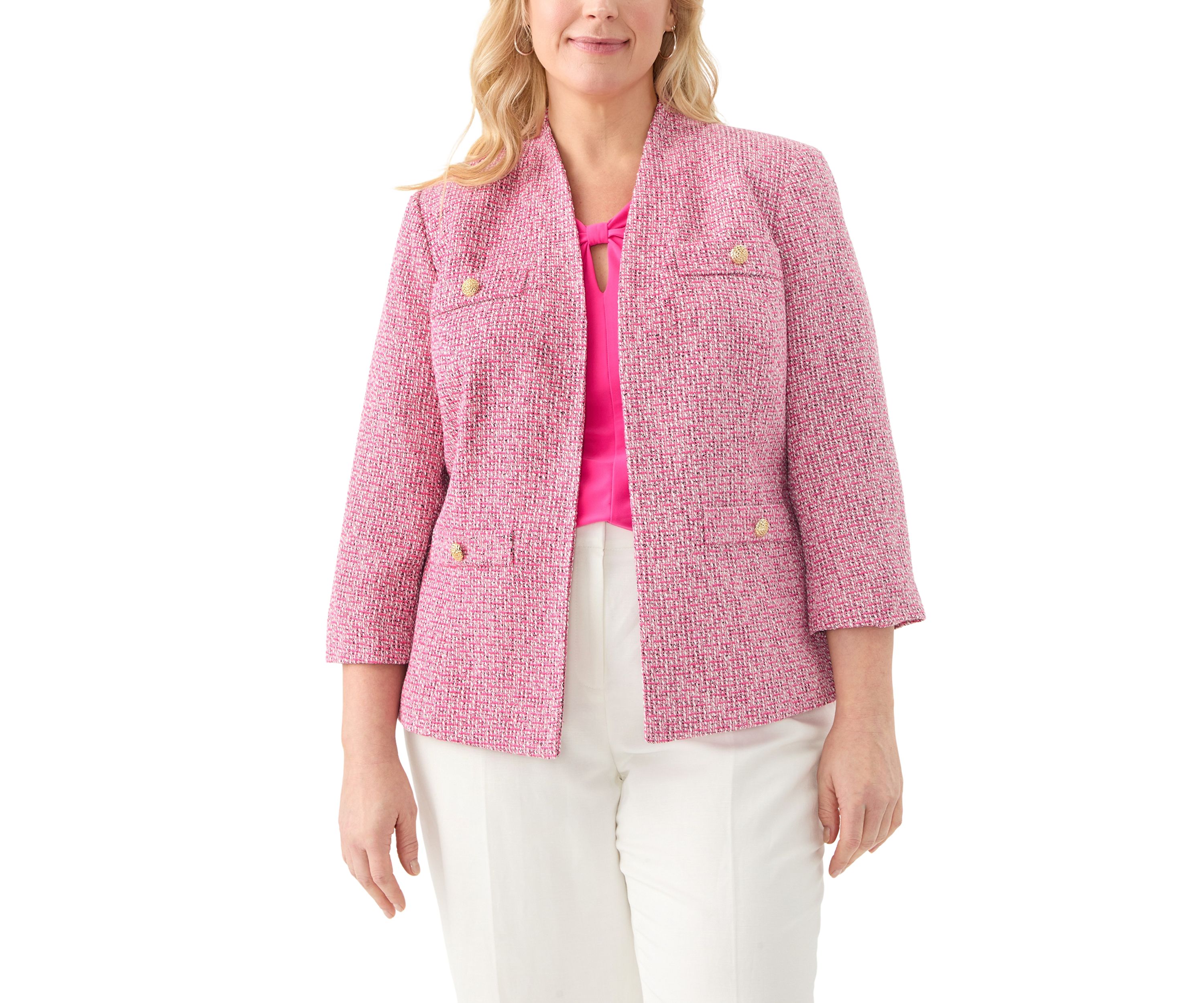 Plus Size Tweed Collarless Jacket