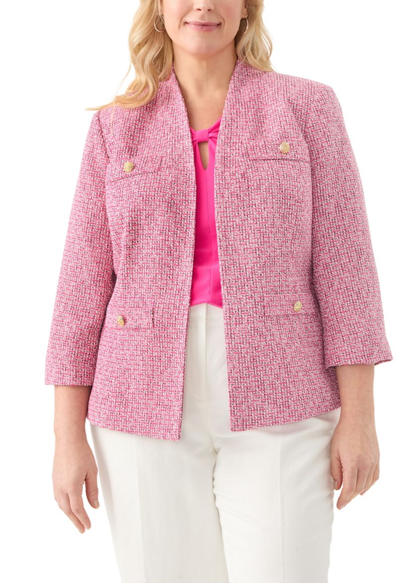 Plus Size Tweed Collarless Jacket