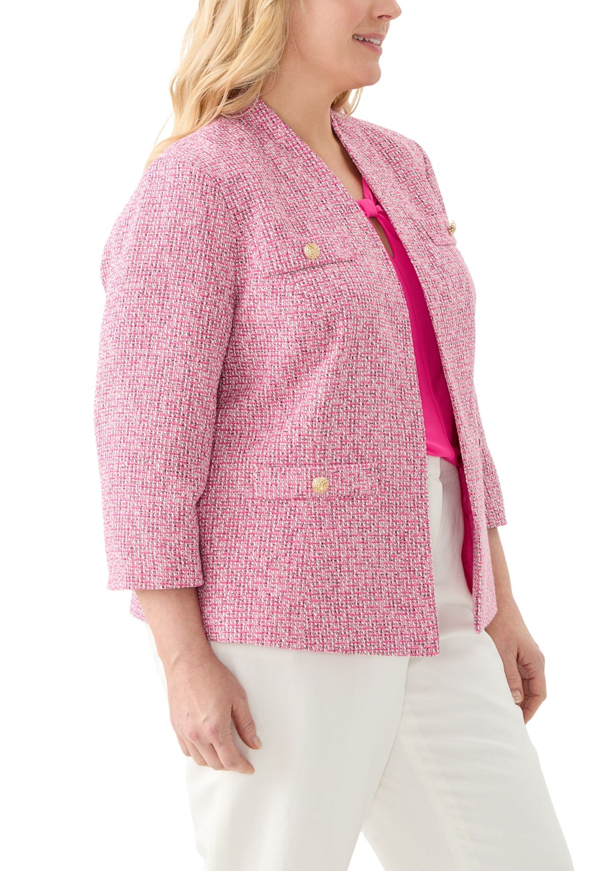 Plus Size Tweed Collarless Jacket