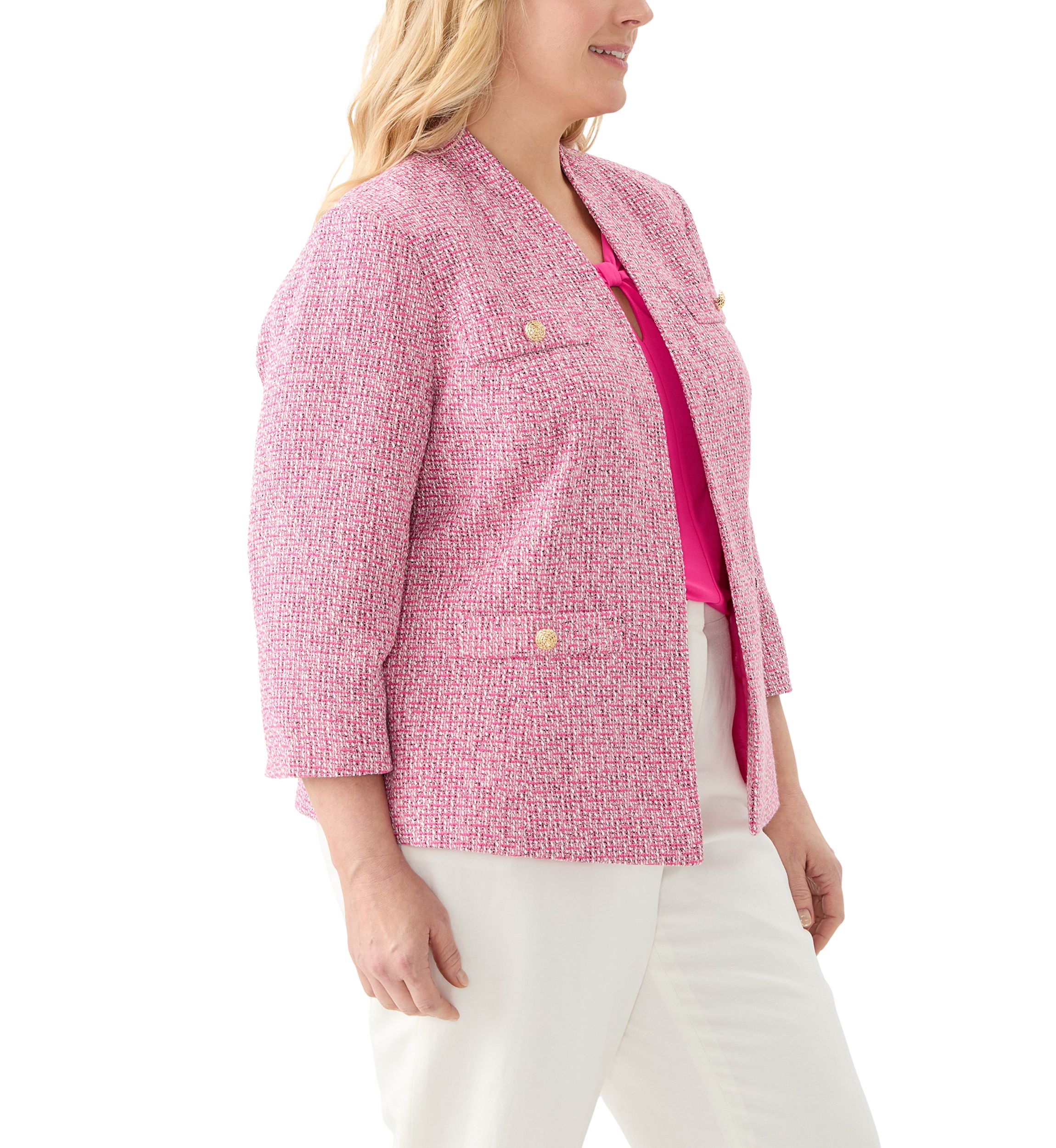 Plus Size Tweed Collarless Jacket