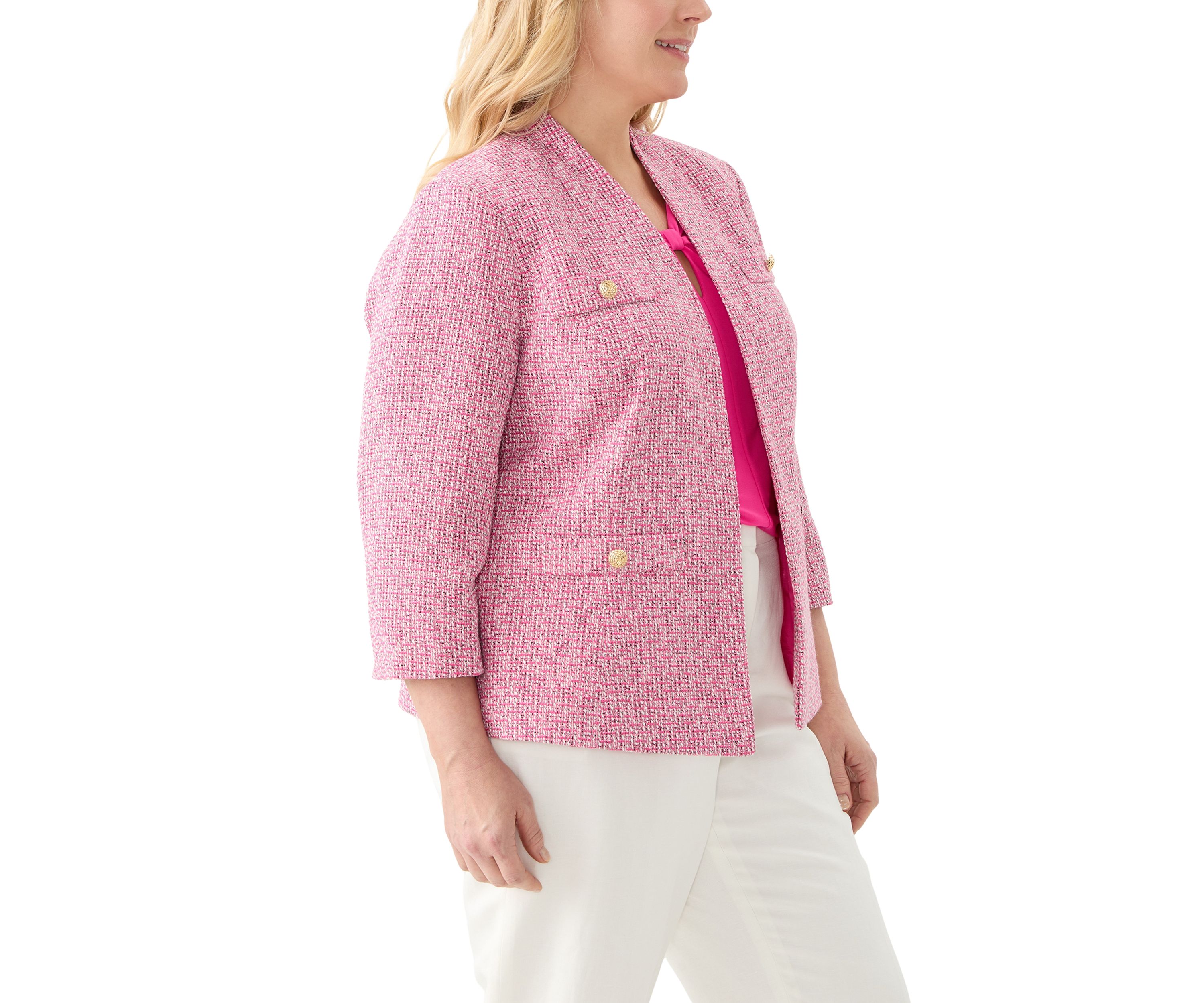 Plus Size Tweed Collarless Jacket
